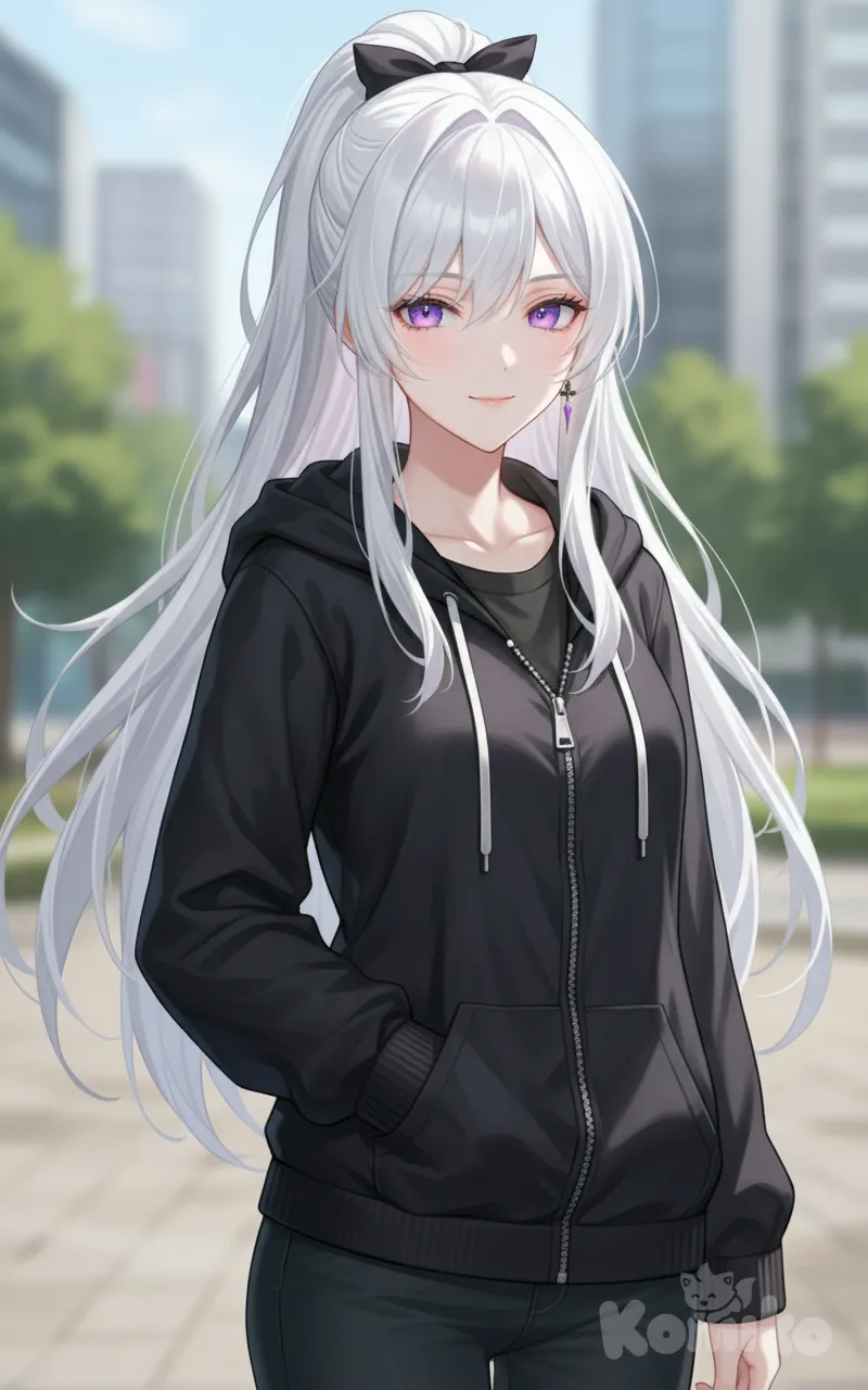<crestoria-MmII>, high ponytail, hoodie, casual pants, bow