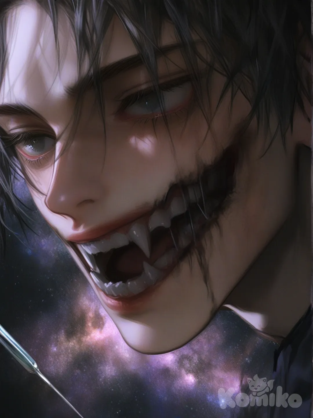 [semi-realistic-portrait-style] a Jujutsu Kaisen domain expansion with nobody inside but the ground is ink and the place looks like a galaxy type where ink creature with pin sharp teeth coming out the ground