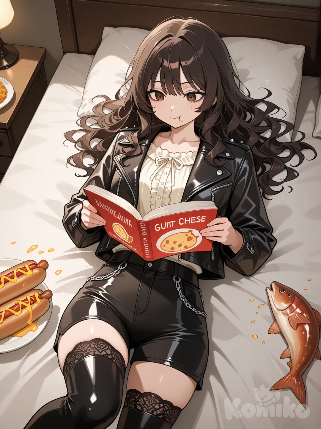 1girl, [glossy-anime-style], lie on stomache, leather jacket, casual pants, knee-high socks, long wavy hair, from above, cinematic lighting, laying on bed, dark hair, brown eyes, reading a hotdog, fish-like frills along back and head, creepy sumo wrestler rat in the background eating cheese