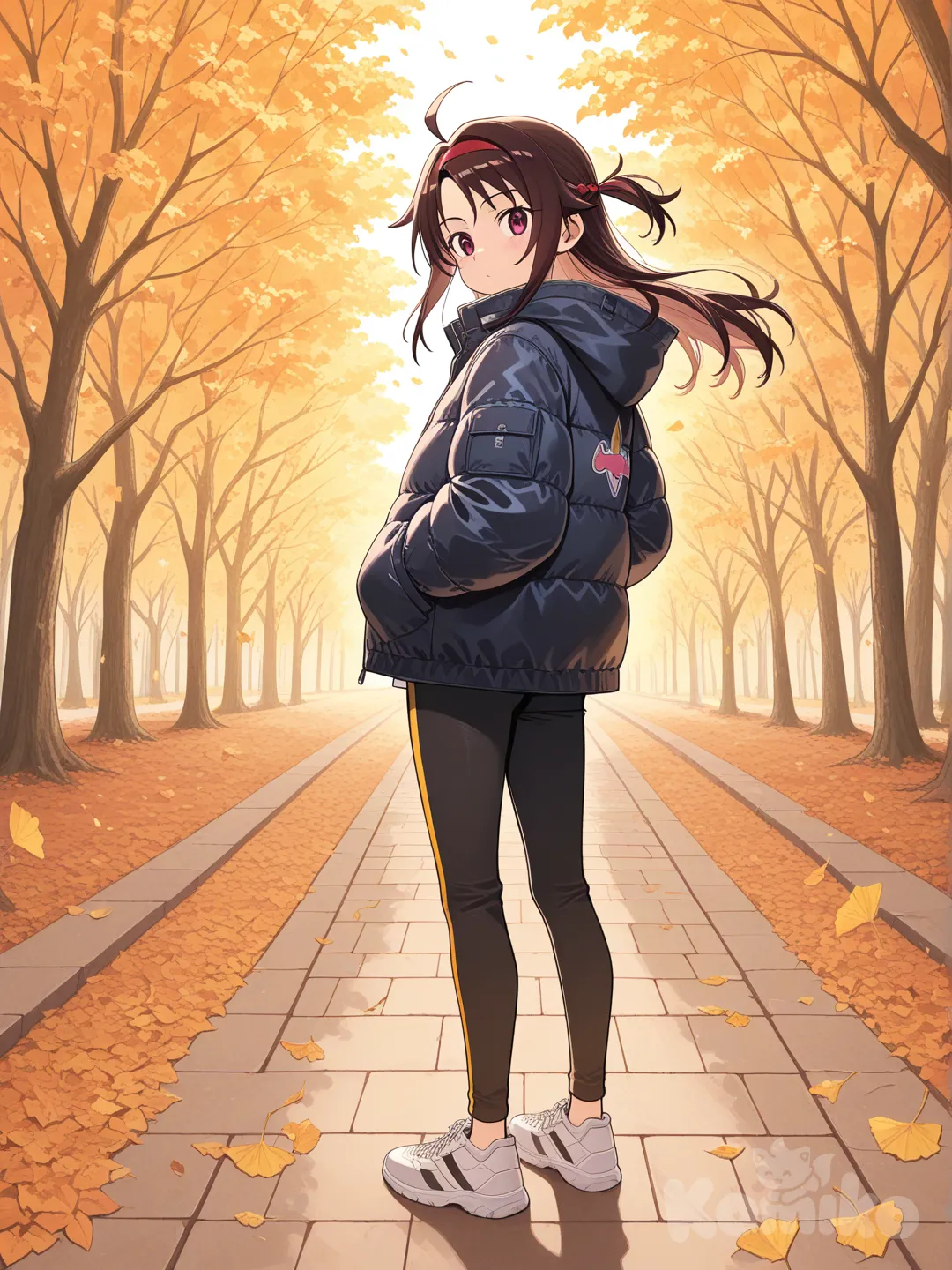 Yuuki (Sao), looking back, down jacket, full body, day, leaves falling