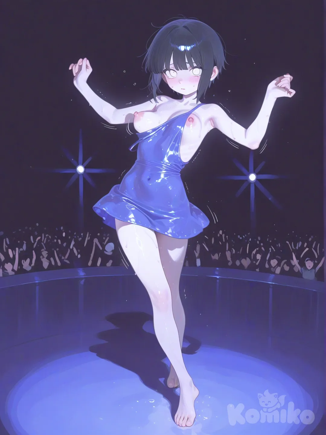 @young-hinata-hyuga-JneK, dancing, boobs bouncing unevenly, nipples form mildly visible, background underground show, worried expression , [sensual-glossy-style]