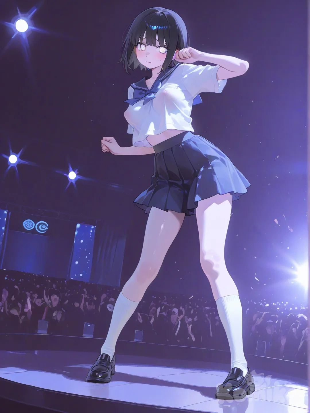 @young-hinata-hyuga-JneK, dancing, tight school uniform, boobs bouncing unevenly, visible nipple bulge through clothing, background underground show, worried expression , [sensual-glossy-style]