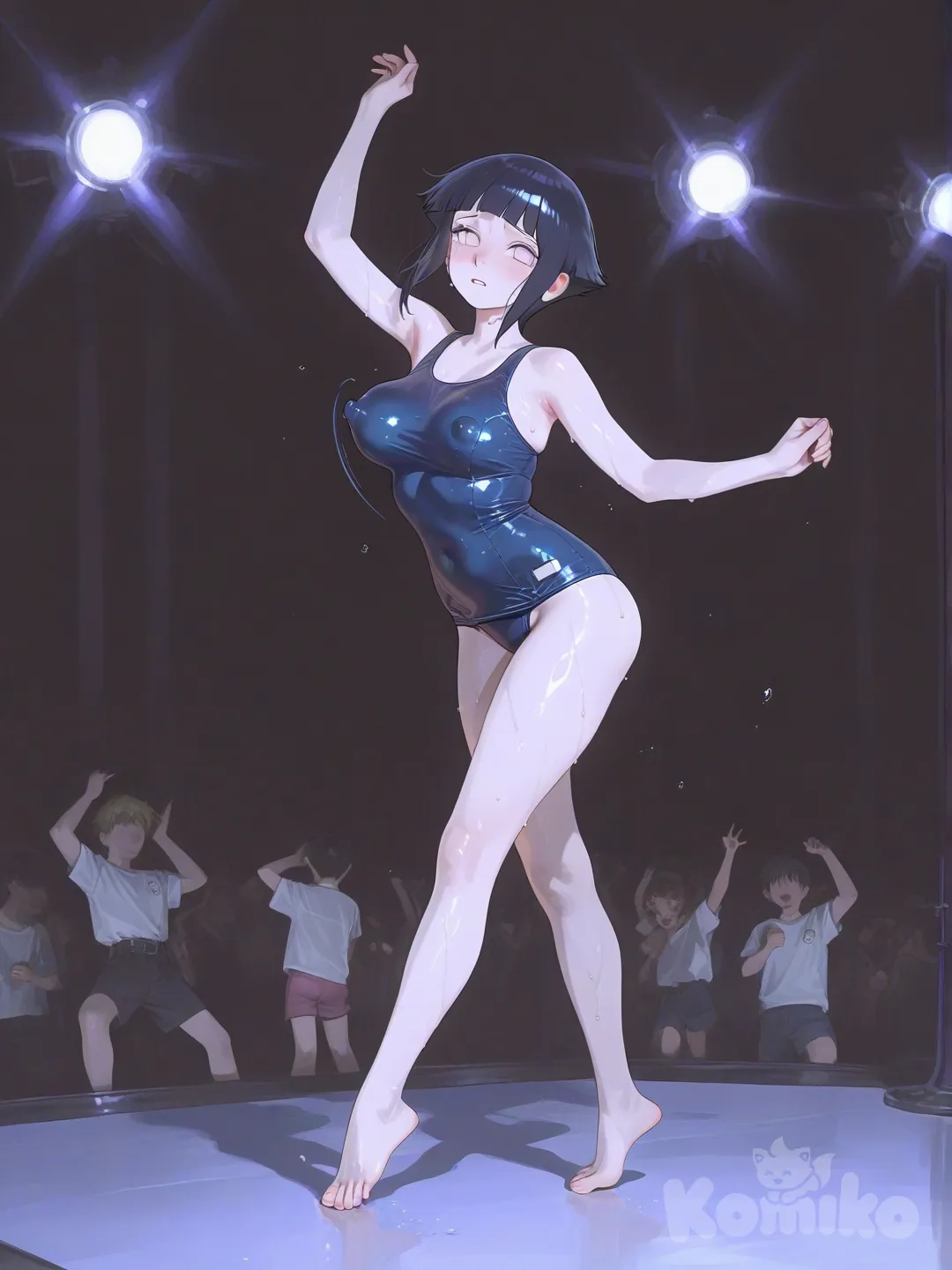 @young-hinata-hyuga-JneK, dancing, japanese school swimsuit, boobs bouncing unevenly, visible nipple bulge through clothing, background underground show, worried expression , [sensual-glossy-style]