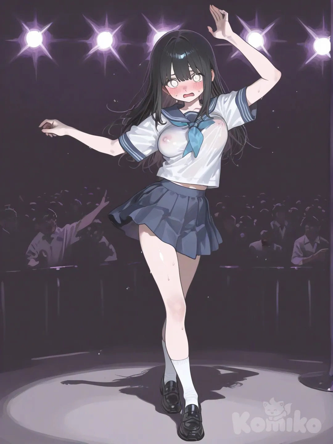 @young-hinata-hyuga-JneK, dancing, japanese school uniform, boobs bouncing unevenly, visible nipple bulge through clothing, background underground show, worried expression , [sensual-glossy-style]
