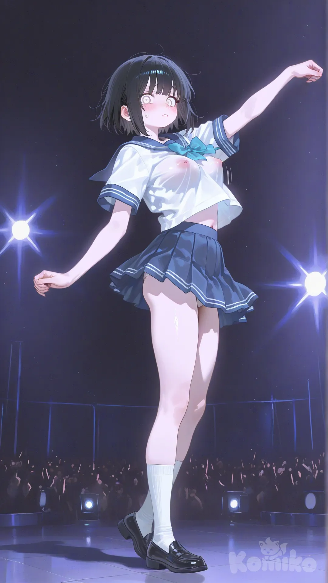 @young-hinata-hyuga-JneK, dancing, small japanese school uniform, boobs bouncing unevenly, visible nipple bulge through clothing, background underground show, worried expression , [sensual-glossy-style]