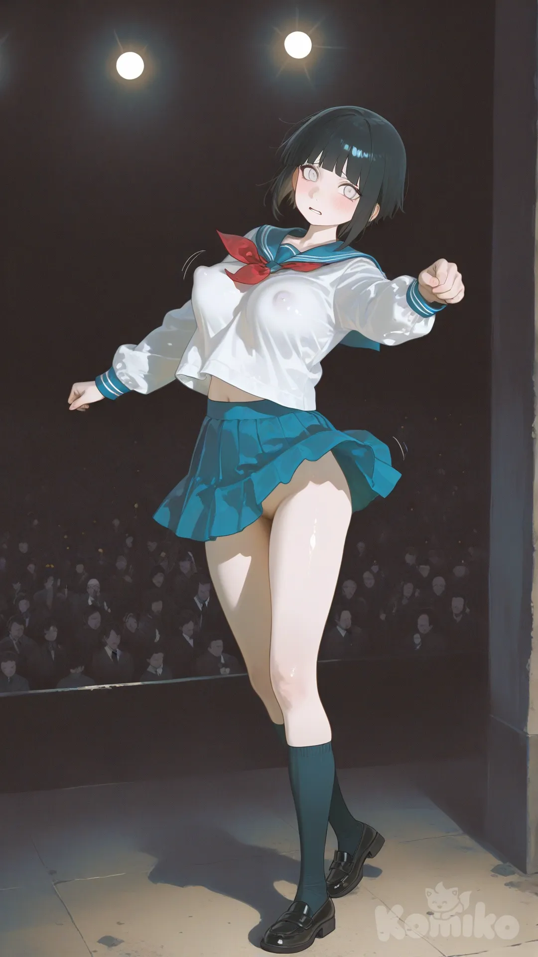 @young-hinata-hyuga-JneK, dancing, small japanese school uniform, boobs bouncing unevenly, visible nipple bulge through clothing, background underground show, worried expression, no underwear [sensual-glossy-style]