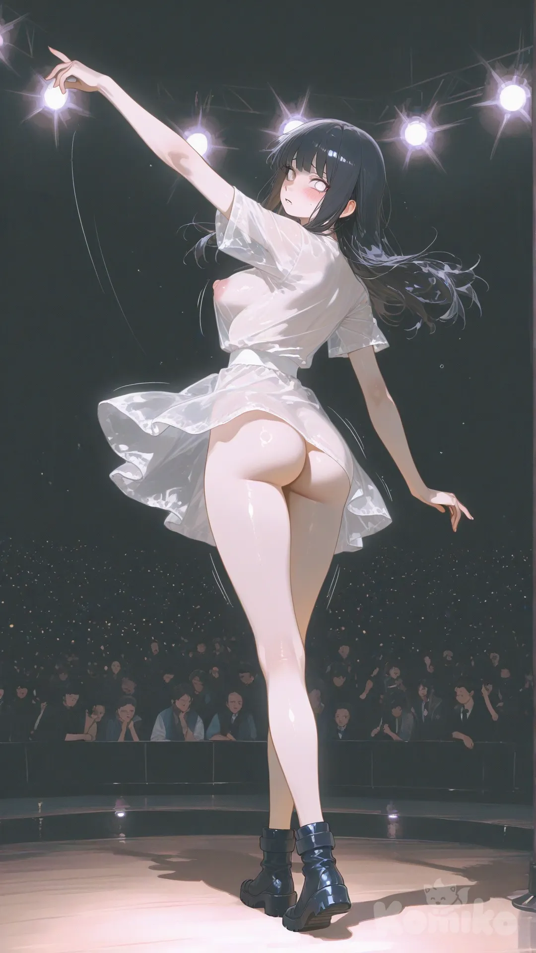 @young-hinata-hyuga-JneK, view from behind, dancing, short dress, boobs bouncing unevenly, visible nipple bulge through clothing, background underground show, worried expression, no underwear, exposed ass, [sensual-glossy-style]