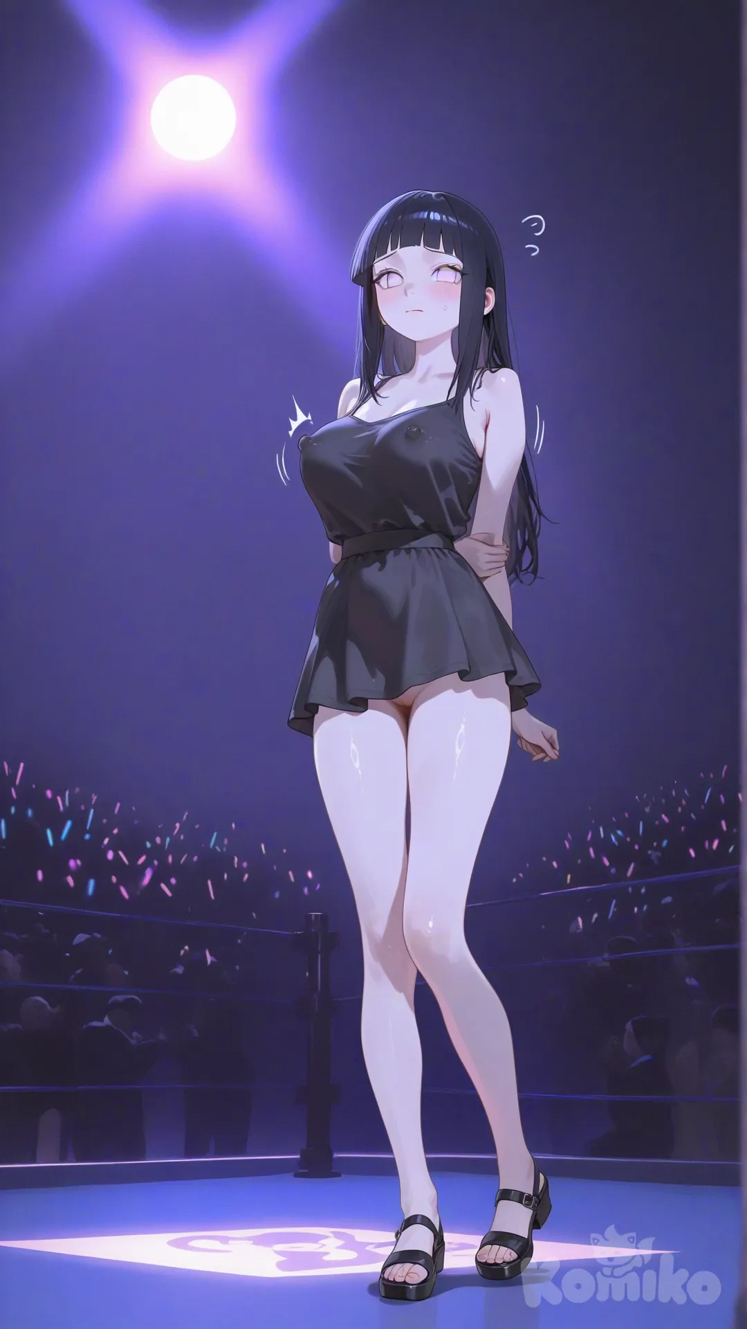 @young-hinata-hyuga-JneK, short dress, boobs bouncing unevenly, visible nipple bulge through clothing, background underground show, worried expression, no underwear, [sensual-glossy-style]