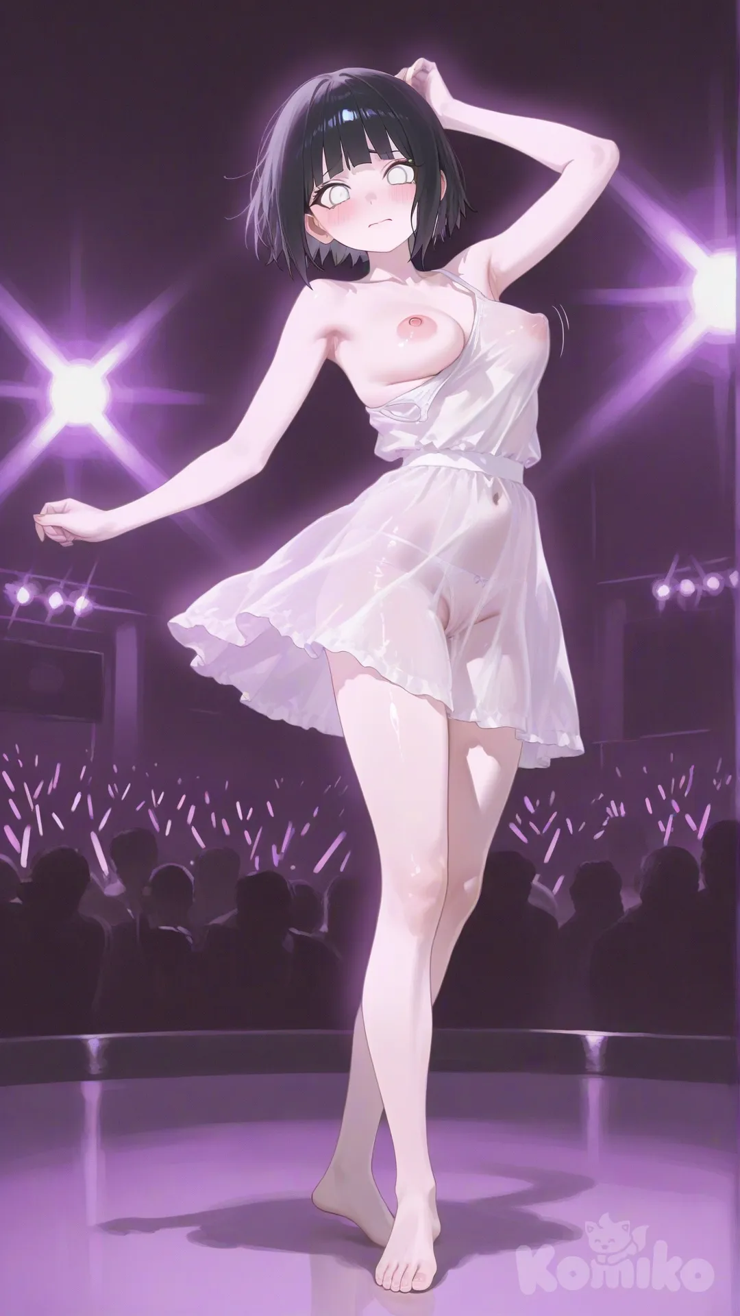 @young-hinata-hyuga-JneK, dancing, sheer dress, boobs bouncing unevenly, visible nipple bulge through clothing, background underground show, worried expression, no underwear, [sensual-glossy-style]