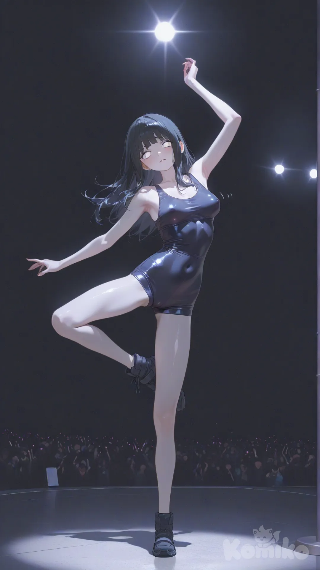 @young-hinata-hyuga-JneK, small body, dancing, boobs bouncing unevenly, nipples form mildly visible, background underground show, worried expression , [sensual-glossy-style]