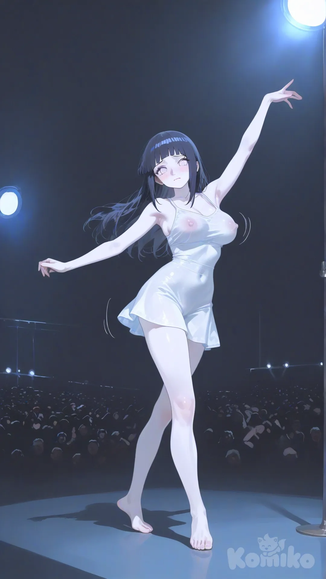 @young-hinata-hyuga-JneK, small body, one piece dress, dancing, boobs bouncing unevenly, nipples form mildly visible, background underground show, worried expression , [sensual-glossy-style]