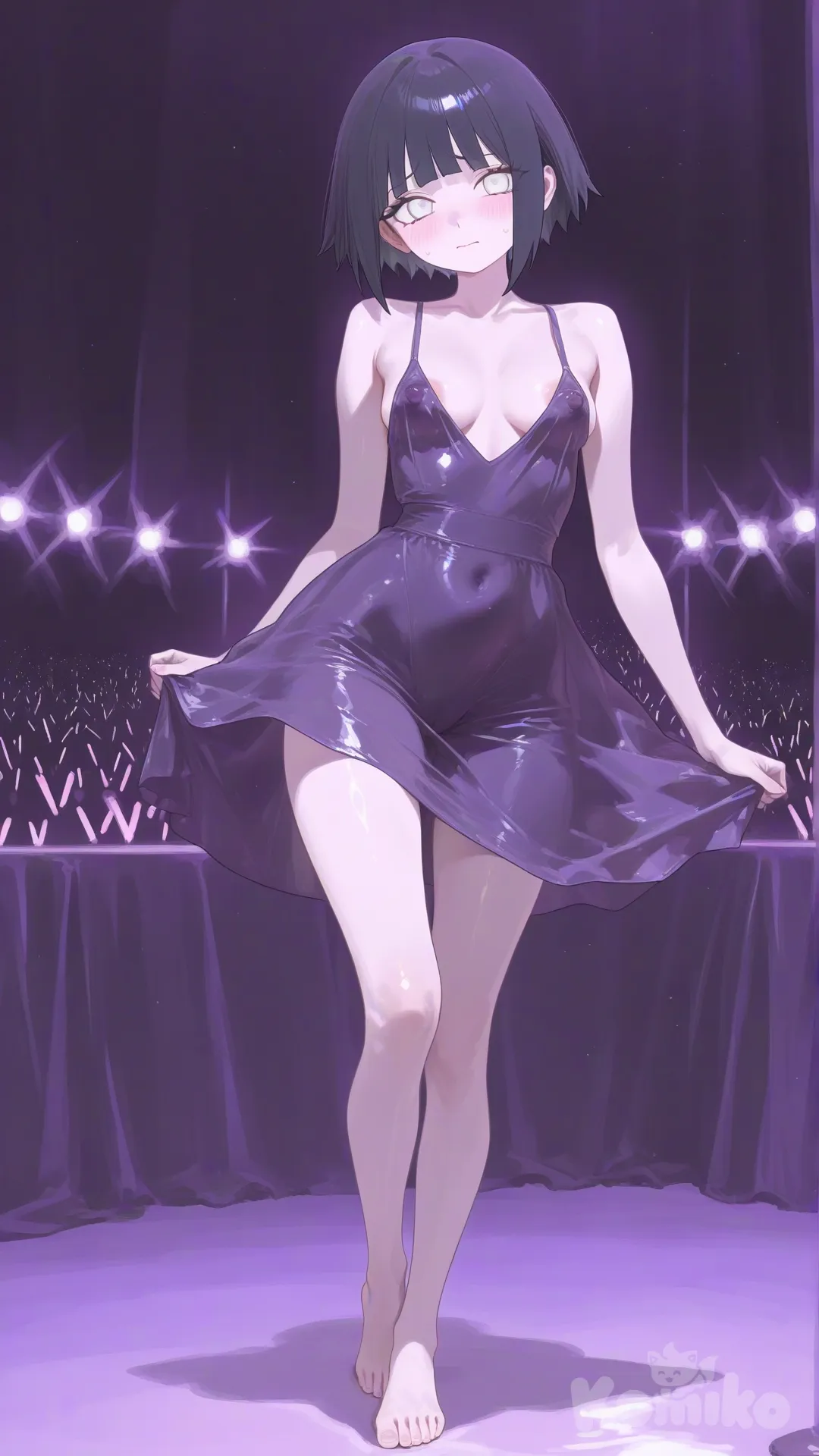 Small body, @young-hinata-hyuga-JneK, short hair, flowy one piece dress, dancing, boobs bouncing unevenly, visible nipple bulge through clothing, bare feets, background underground show, worried expression , [sensual-glossy-style]