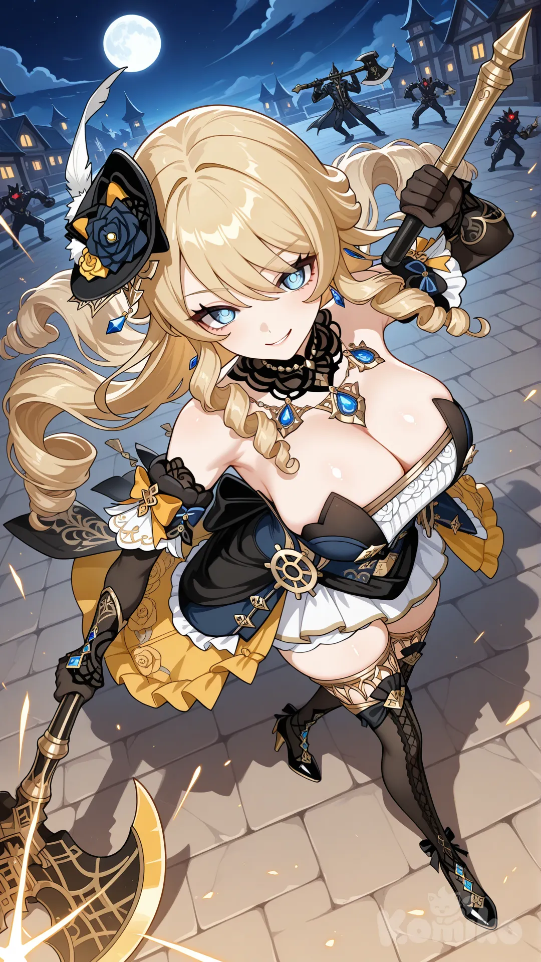 @Navia_(Genshin_Impact)

#looking at viewer #full body#, up view , #full body# ,from above , big boobs , funny ,relaxed, anime style 

 night , moonlight

Fighting enemies, wielding a large axe (like in the game), with a determined and joyful expression

yellow dress(the dress is a Off-the-shoulder dress with no shoulder straps) with black rose flower pattern, black long gloves with gold border and flame wave pattern.

The black high heels are shiny, as if they were made from obsidian, and have black patterns on the edges.



look like a leader and cool women
sexy cool eyes , sexy smile
Evening sunlight