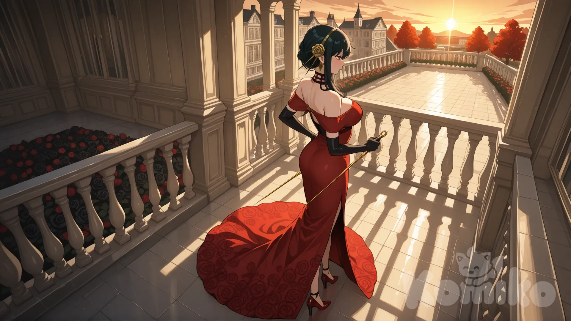 @Yor_Briar
#looking at viewer #full body#,
#view from above
#big boobs
red hot dress(the dress is a Off-the-shoulder dress with no shoulder straps) with black rose flower pattern, black long gloves with gold border and flame wave pattern.
Carrying a rapier sword(has a black blade and a sharp edge that was as red as blood.) at the waist
The red high heels are shiny, as if they were made from ruby, and have black patterns on the edges.
On the bone-white marble balcony on the upper floor of a luxurious French-style mansion, white with a charcoal-colored roof.
Standing and looking at the view of the blood-black rose garden below
Evening view , In the middle of a garden full of maple trees with red leaves
,day ,side profile photo , relaxed, anime style ,
look like a leader and cool women
cold eyes
Evening sunlight,
Evening sunset