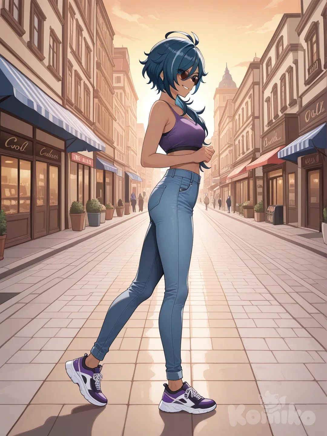 @Kaeya_(Genshin_Impact) as a woman (big cool sister)

 #looking at viewer #side view # upper body (Focus on the upper body, from the waist up.)

#cool post #funny

, A thin violet crop top., jeans, running shoes, sun glasses

relax , Taking a stroll, walking on a sidewalk , on a sunnyday , in the shopping sreet in capital city., look like a leader and cool women , cold eyes
Evening sunlight