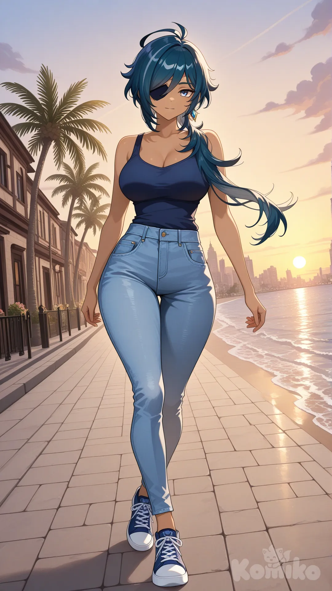 @Kaeya_(Genshin_Impact) as a woman (big cool sister) , There's an eye patch.

#big sister style , Very good figure , 

#sife view 

 # upper body (Focus on the upper body, from the waist up.)

#looking at viewer #full body#, up view , #full body ,from above , day , funny , relaxed, anime style , 

#cool post

,deep sea blue Thin tank top , jeans , deep sea blue running shoes , sun glasses

relax , Taking a stroll, walking on a sidewalk , on a eveing sunnyday , in the sreet in capital city , It has a view of the sea and beach as a backdrop