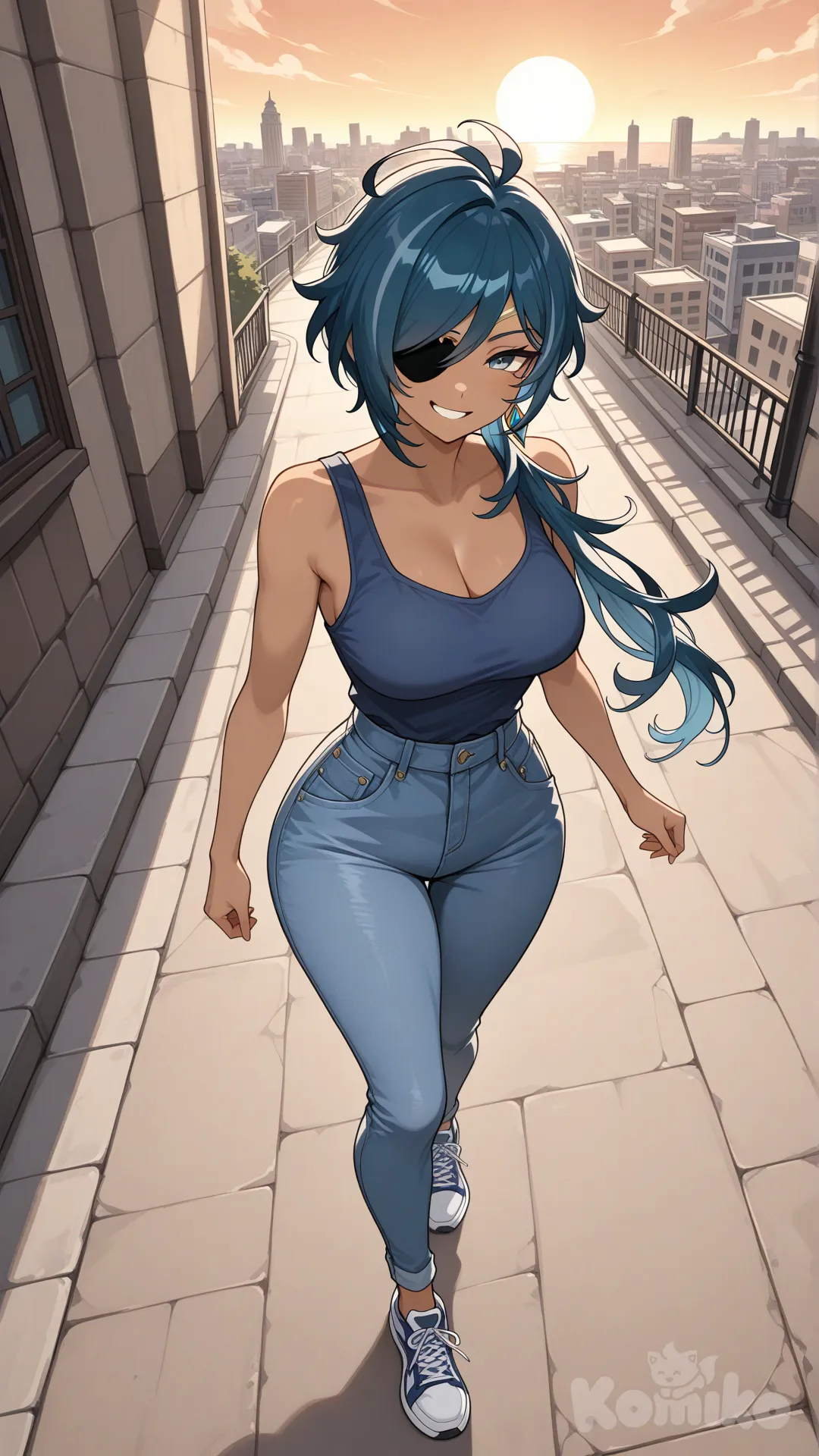 @Kaeya_(Genshin_Impact) as a woman (big cool sister) , There's an eye patch.

#big sister style , Very good figure , 

#sife view 

 # upper body (Focus on the upper body, from the waist up.)

#looking at viewer #full body#, up view , #full body ,from above , day , funny , relaxed, anime style , 

#cool post

,deep sea blue Thin tank top , jeans , deep sea blue running shoes , sun glasses

relax , Taking a stroll, walking on a sidewalk , on a eveing sunnyday , in the sreet in capital city , It has a view of the sea and beach as a backdrop