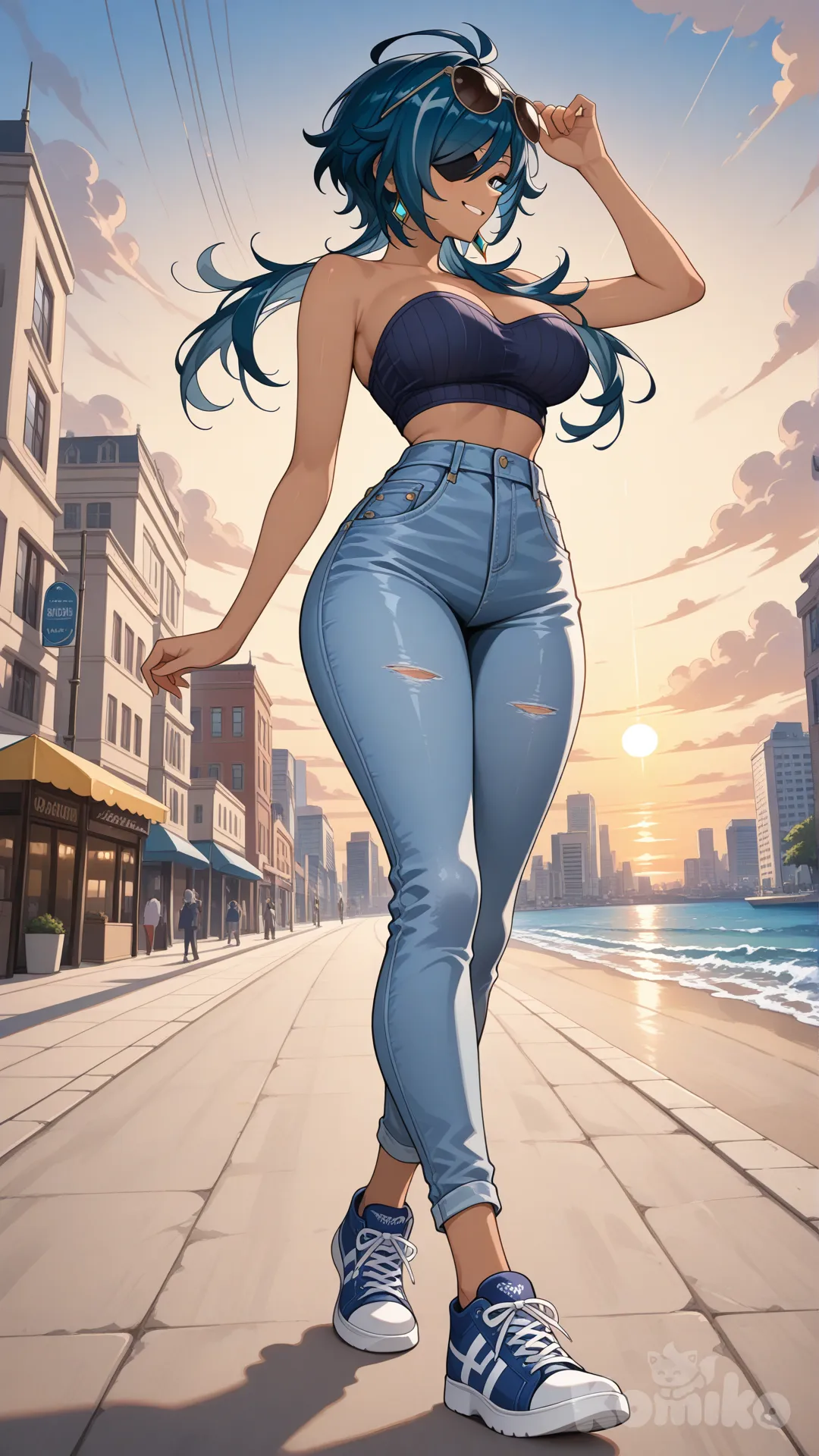 @Kaeya_(Genshin_Impact) as a woman (big cool sister) , There's an eye patch.

#big sister style , Very good figure , 

#side view 

 # upper body (Focus on the upper body, from the waist up.)

#looking at viewer #full body#, up view , #full body ,from above , day , funny , relaxed, anime style , 

#cool post

,deep sea blue Thin Cropped tank top , jeans , deep sea blue running shoes , sun glasses

relax , Taking a stroll, walking on a sidewalk , on a eveing sunnyday , in the sreet in capital city , It has a view of the sea and beach as a backdrop