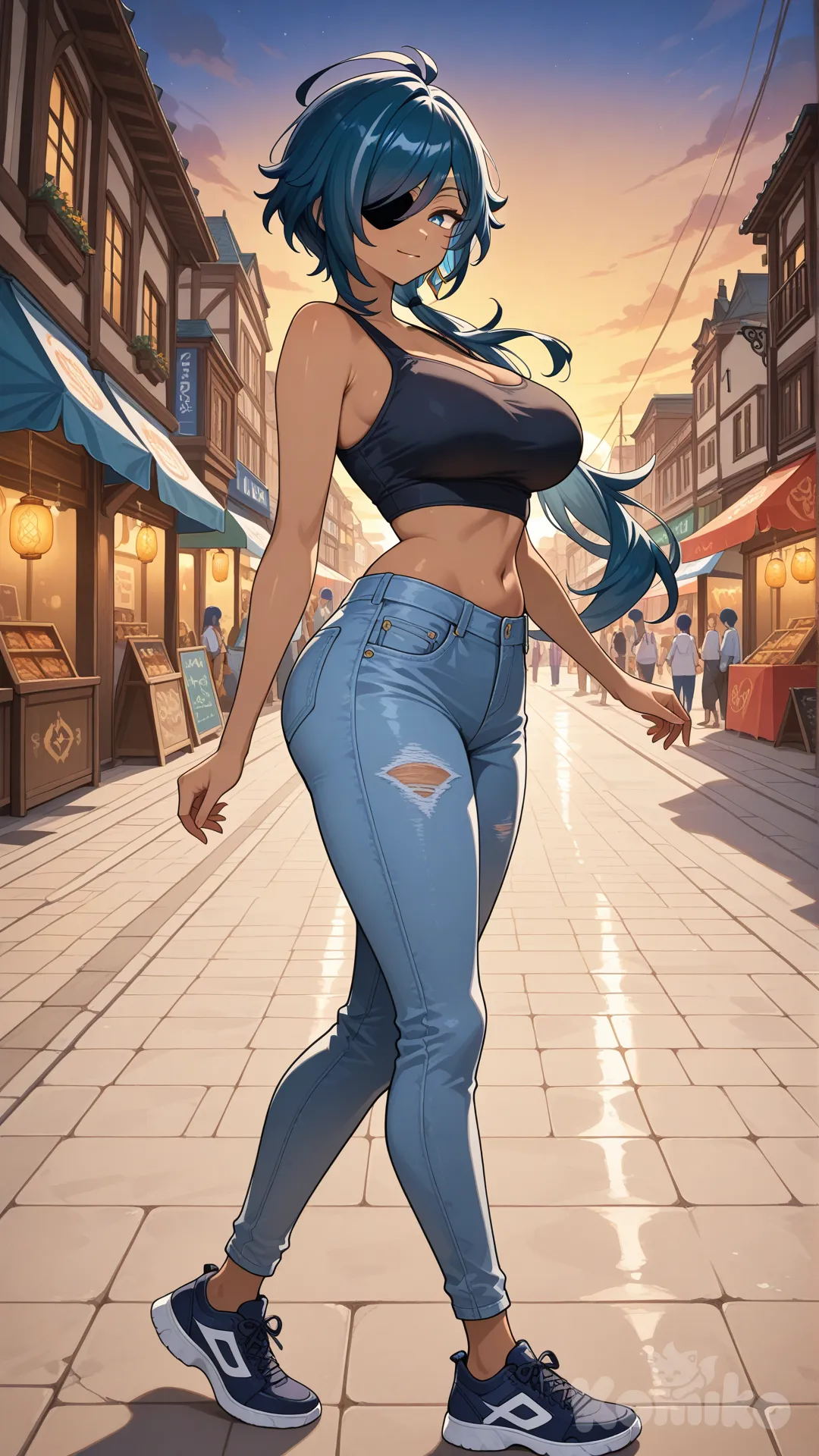 @Kaeya_(Genshin_Impact) as a woman (big cool sister) , There's an eye patch.

#big sister style , Very good figure , 

#side view 

 # upper body (Focus on the upper body, from the waist up.)

#looking at viewer #full body#, up view , #full body ,from above , day , funny , relaxed, anime style , 

#cool post

,deep sea blue Thin Cropped tank top , jeans , deep sea blue running shoes , sun glasses

relax , Taking a stroll, walking on a sidewalk , on a eveing sunnyday , in the sreet in night market , It has a view of the sea and beach as a backdrop