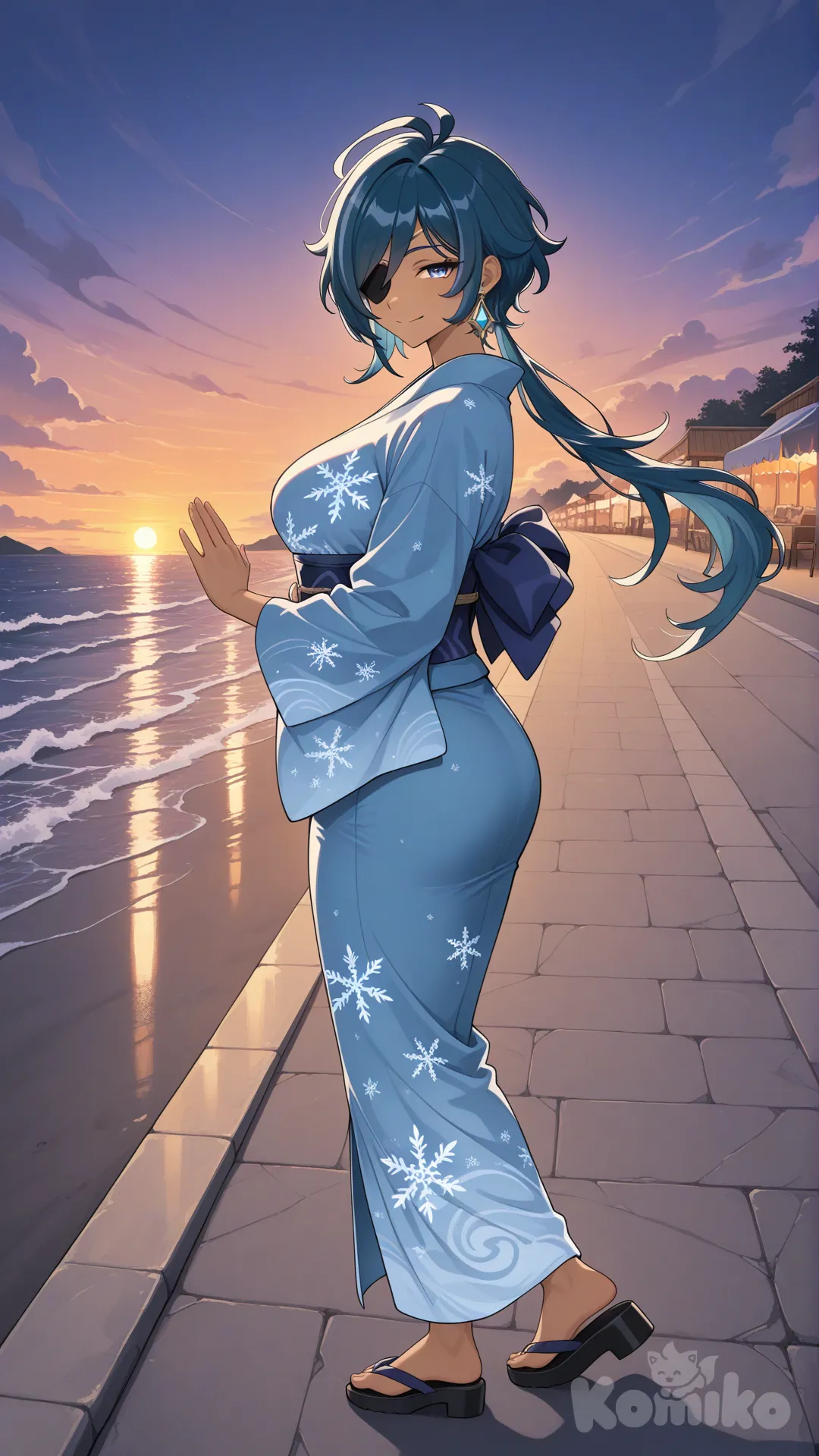 @Kaeya_(Genshin_Impact) as a woman (big cool sister) , There's an eye patch.
 
#big sister style , Very good figure , 

#side view 

 # upper body (Focus on the upper body, from the waist up.)

#looking at viewer #full body#, up view , #full body ,from above , day , funny , relaxed, anime style , 

#cool post

,An blue sea kimono with a pattern of white Snowflake. , sun glasses

relax , Taking a stroll, walking on a sidewalk , on a eveing sunnyday , in the sreet in night market , It has a view of the sea and beach as a backdrop