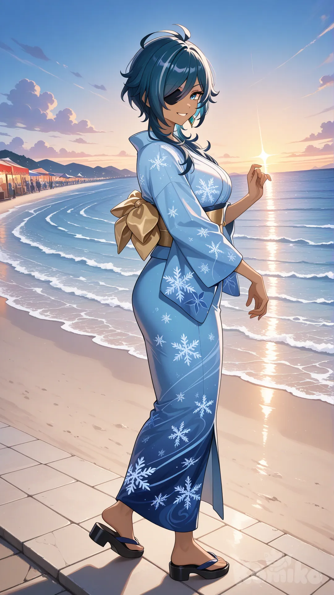 @Kaeya_(Genshin_Impact) as a woman (big cool sister) , There's an eye patch.
 
#big sister style , Very good figure , 

#side view 

 # upper body (Focus on the upper body, from the waist up.)

#looking at viewer #full body#, up view , #full body ,from above , day , funny , relaxed, anime style , 

#cool post

,An blue sea kimono with a pattern of white Snowflake. , sun glasses

relax , Taking a stroll, walking on a sidewalk , on a eveing sunnyday , in the sreet in japanese night market , It has a view of the sea and beach as a backdrop