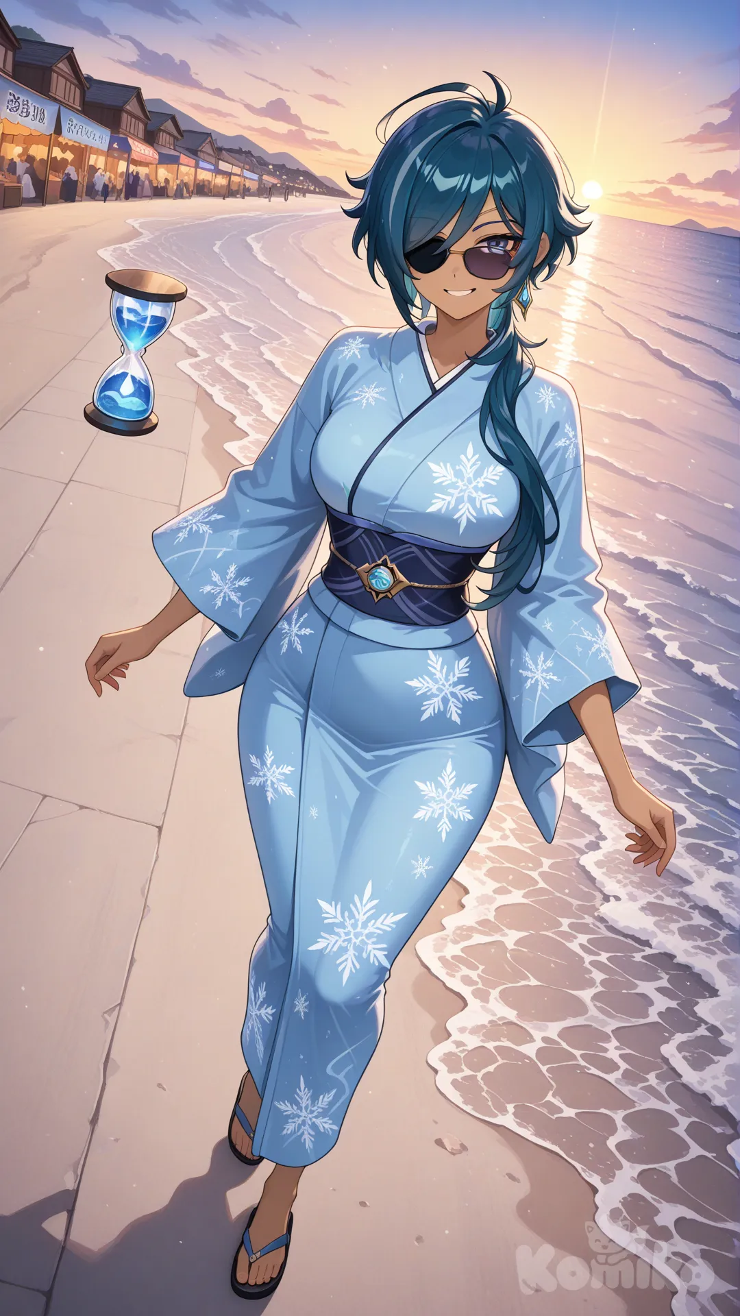 @Kaeya_(Genshin_Impact) as a woman (big cool sister) , There's an eye patch.
#big sister style , Very good figure ,
#side view
# upper body (Focus on the upper body, from the waist up.)
#looking at viewer #full body#, up view , #full body ,from above , day , funny , relaxed, anime style ,
#cool post
,An blue sea kimono with a pattern of white Snowflake. , sun glasses
relax , Taking a stroll, walking on a sidewalk , on a eveing sunnyday , in the sreet in japanese night market , It has a view of the sea and beach as a backdrop