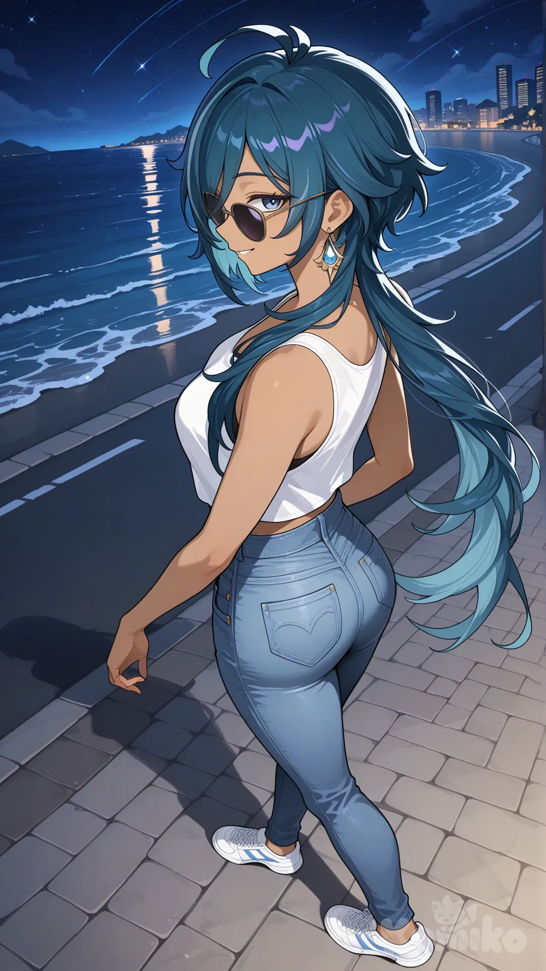 Kaeya (Genshin Impact) #big sister style , Very good figure , longhair

#big sister style , Very good figure , 

#side view 

 # upper body (Focus on the upper body, from the waist up.)

#looking at viewer #full body#, up view , #full body ,from above , day , funny , relaxed, anime style , 

#cool post

, white Thin tank top, jeans, running shoes, sun glasses

relax , Taking a stroll, walking on a sidewalk , on a midnight sunnyday , in the sreet in night market , It has a view of the sea and beach as a backdrop