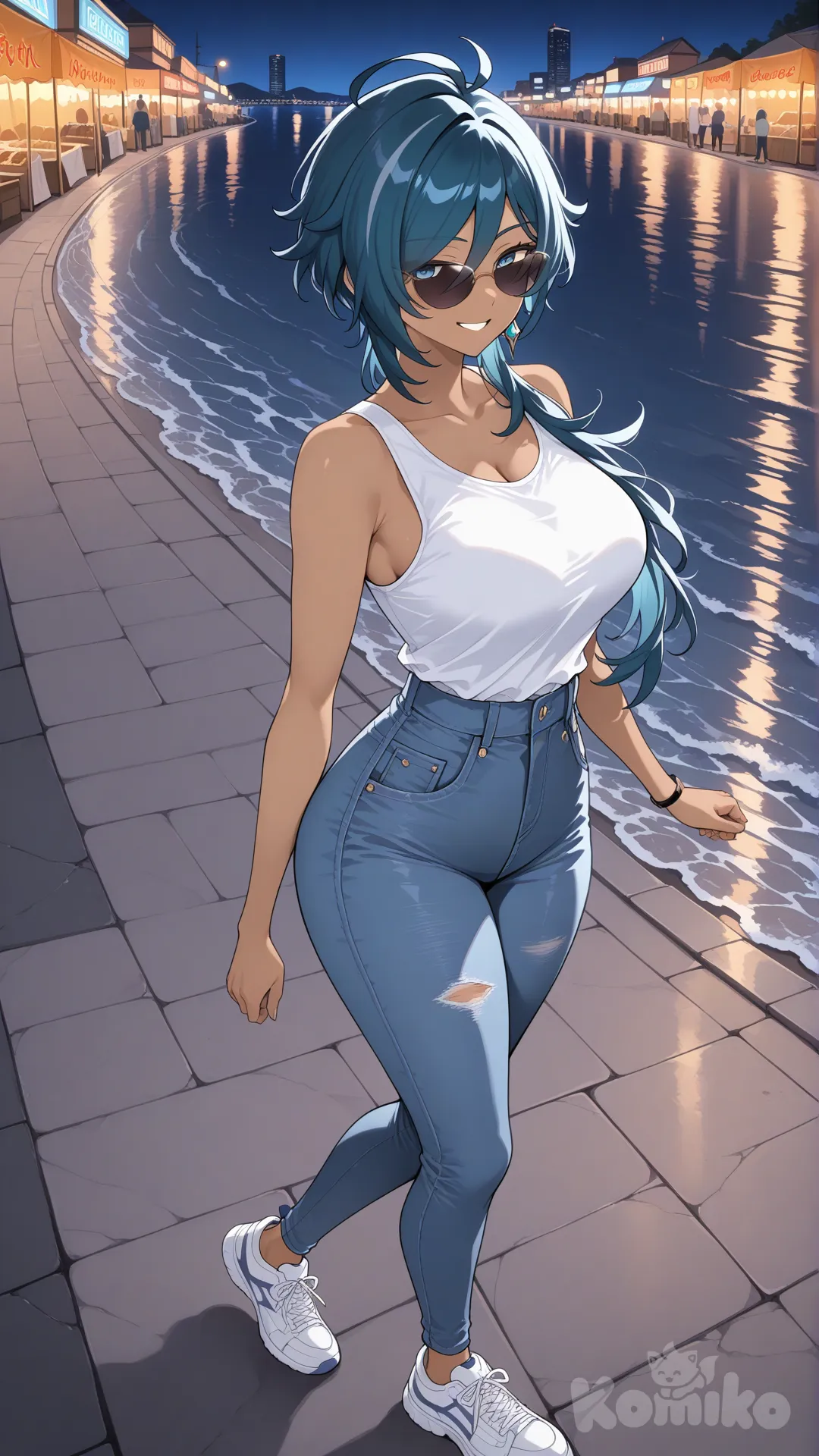 Kaeya (Genshin Impact) #big sister style , Very good figure , longhair
#big sister style , Very good figure ,
#side view
# upper body (Focus on the upper body, from the waist up.)
#looking at viewer #full body#, up view , #full body ,from above , day , funny , relaxed, anime style ,
#cool post
, white Thin tank top, jeans, running shoes, sun glasses
relax , Taking a stroll, walking on a sidewalk , on a midnight sunnyday , in the sreet in night market , It has a view of the sea and beach as a backdrop