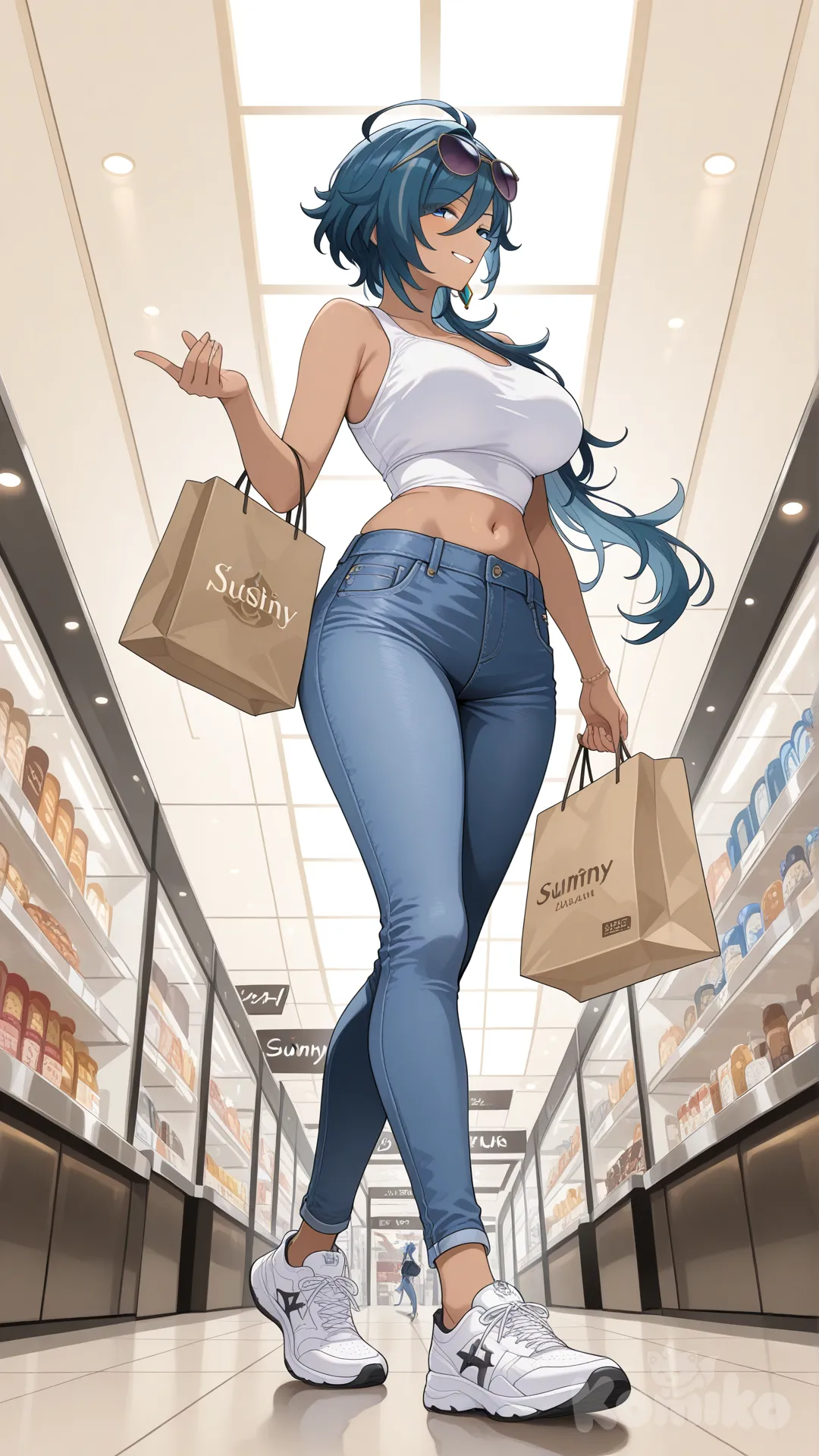 @Kaeya_(Genshin_Impact) #big sister style , Very good figure , longhair

#big sister style , Very good figure , 

#side view 

 # upper body (Focus on the upper body, from the waist up.)

#looking at viewer #full body#, up view , #full body ,from above , day , funny , relaxed, anime style , 

#cool post

, white Thin tank top, jeans, running shoes, sun glasses

relax , Taking a stroll, walking on a sidewalk , on a midnight sunnyday , in the shopping mall carrying a bag full of a brand name clothes in her hands., I