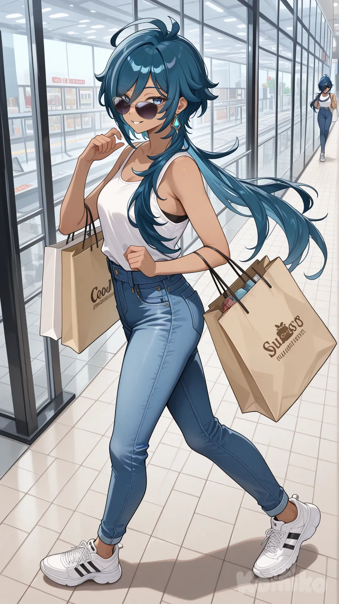 @Kaeya_(Genshin_Impact) #big sister style , Very good figure , longhair

#big sister style , Very good figure , 

#side view 

 # upper body (Focus on the upper body, from the waist up.)

#looking at viewer #full body#, up view , #full body ,from above , day , funny , relaxed, anime style , 

#cool post

, white Thin tank top, jeans, running shoes, sun glasses

relax , Taking a stroll, walking on a sidewalk , on a midnight sunnyday , in the shopping mall carrying a bag full of a brand name clothes in her hands., I