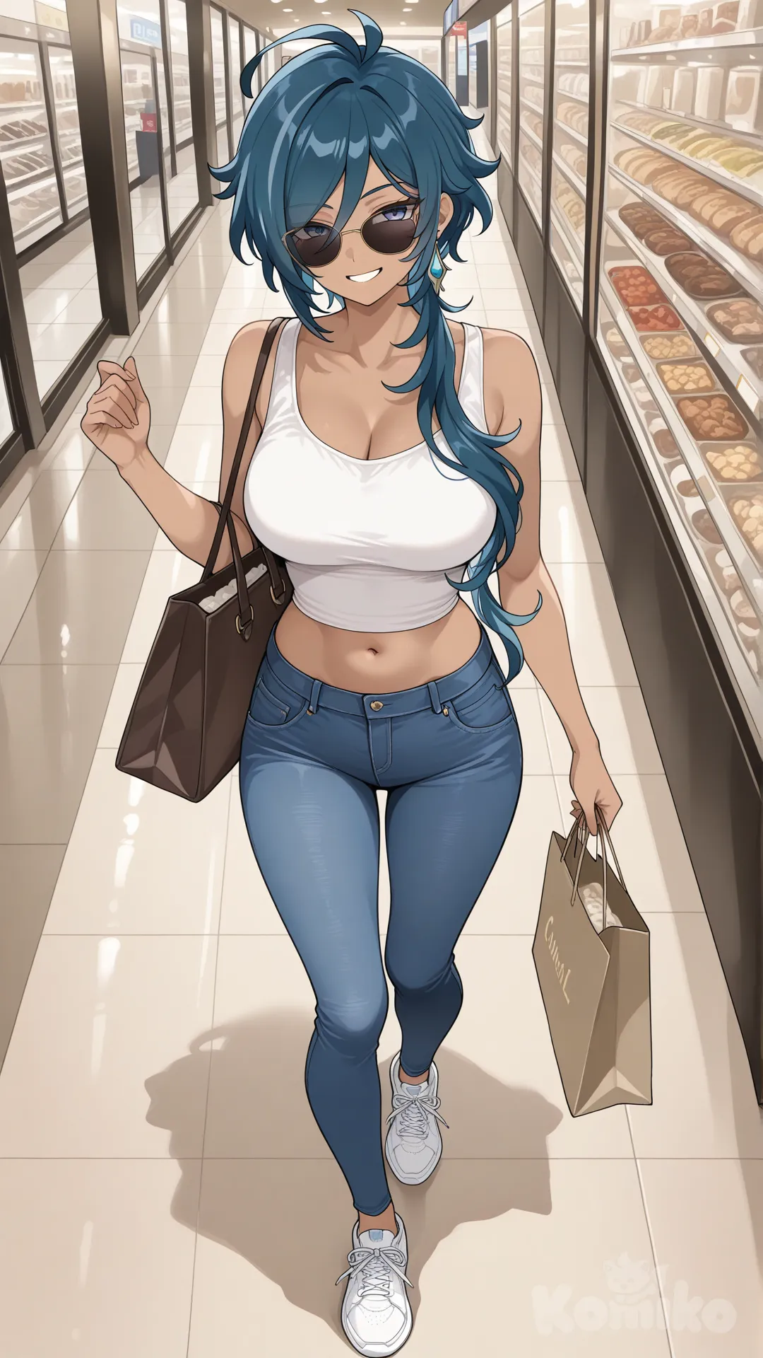 @Kaeya_(Genshin_Impact) #big sister style , Very good figure , longhair

#big sister style , Very good figure , 

#side view 

 # upper body (Focus on the upper body, from the waist up.)

#looking at viewer #full body#, up view , #full body ,from above , day , funny , relaxed, anime style , 

#cool post

, white Thin tank top, jeans, running shoes, sun glasses

relax , Taking a stroll, walking on a sidewalk , on a midnight sunnyday , in the shopping mall carrying a bag full of a brand name clothes in her hands., I