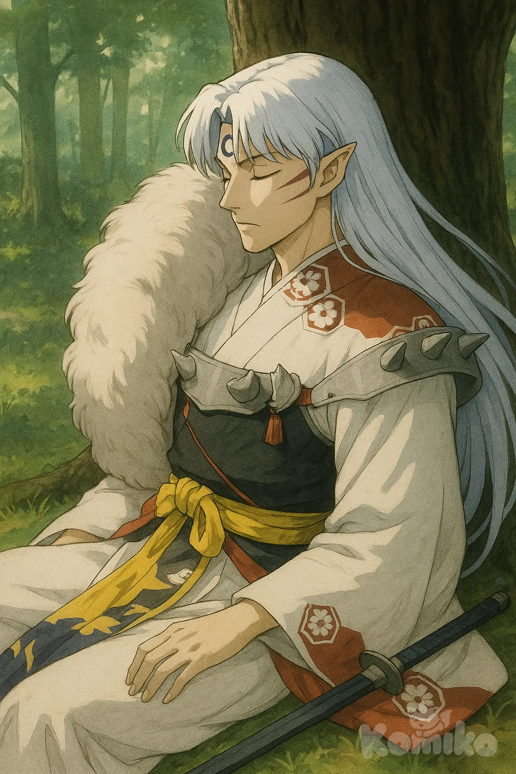 Sesshomaru, side-view from a slightly top-down perspective, resting with closed eyes under a large tree. His expression is calm and cold. Long silver hair flows naturally. He is wearing his iconic classic outfit from Inuyasha: white kimono with floral patterns, large fluffy fur pelt draped over his right shoulder, red sash at the waist, and armor details. His sword lies beside him. Background is a serene forest with soft light filtering through the trees, creating a tranquil yet dignified atmosphere. Highly elegant, faithful to the original design. Do not alter the costume colors or style.
