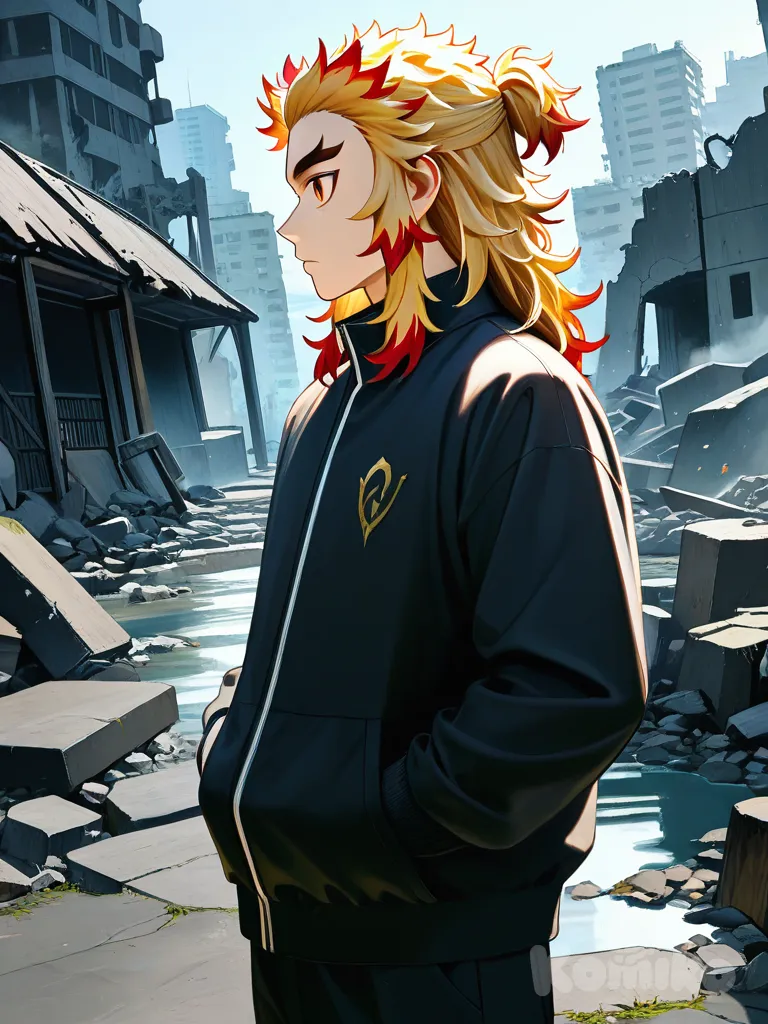 Rengoku Kyoujurou, hands in pockets, upper body, ruins, expressionless, looking away, side profile photo