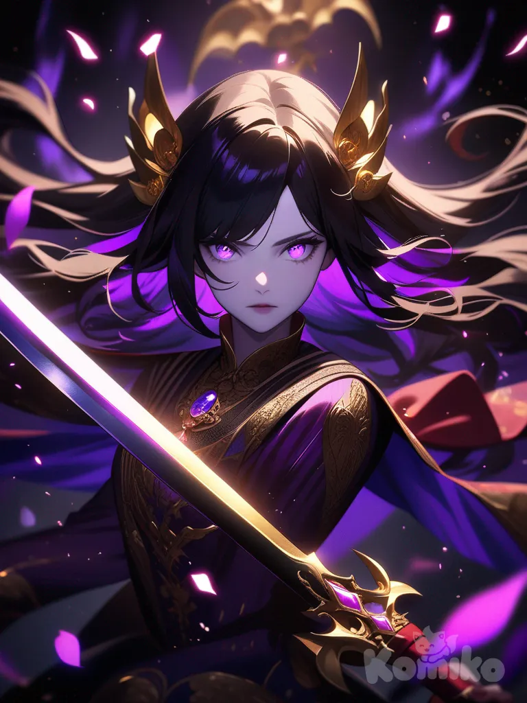 beautiful young woman, pale skin, glowing purple eyes, long messy black hair with a purple sheen, golden hair ornaments, holding a glowing blue sword with white flower patterns on the blade, ornate gold and red hilt with gemstone, intense gaze, dramatic lighting, floating purple petals, red ribbons swirling, dark fantasy background with magical particles, epic and powerful atmosphere, anime art style, highly vibrant colors, fantasy illustration