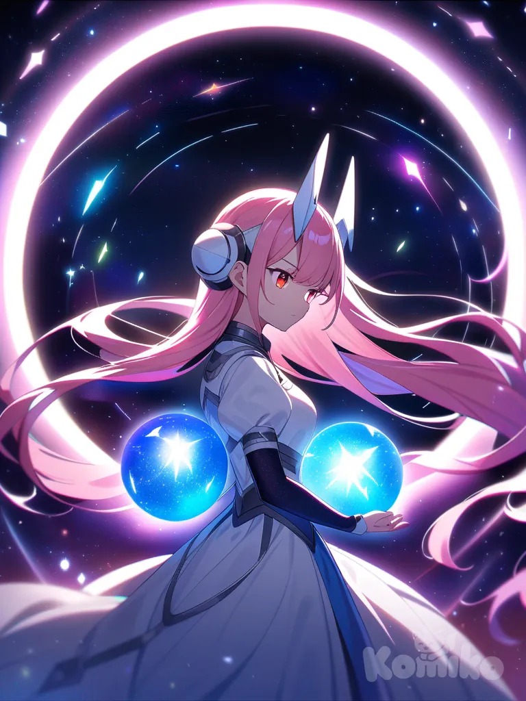 beautiful young woman, side profile, long flowing pink hair, red eyes with calm and serious expression, focused gaze, futuristic white headgear, holding both hands forward as if cradling a glowing blue energy sphere, magical light orb with crystal fragments and radiant glow, colorful energy trails surrounding the sphere, serene and mystical atmosphere, cosmic starry background with nebula and light streaks, anime art style, highly vibrant colors, fantasy sci-fi illustration