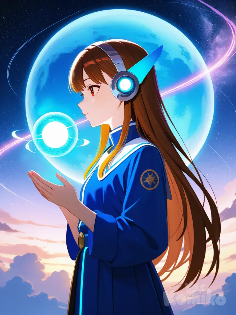 beautiful young woman, side profile, long flowing brown hair, red eyes with calm and serious expression, focused gaze, futuristic white headgear, holding both hands forward as if cradling a glowing blue energy sphere, magical light orb with crystal fragments and radiant glow, colorful energy trails surrounding the sphere, serene and mystical atmosphere, cosmic starry background with nebula and light streaks, anime art style, highly vibrant colors, fantasy sci-fi illustration