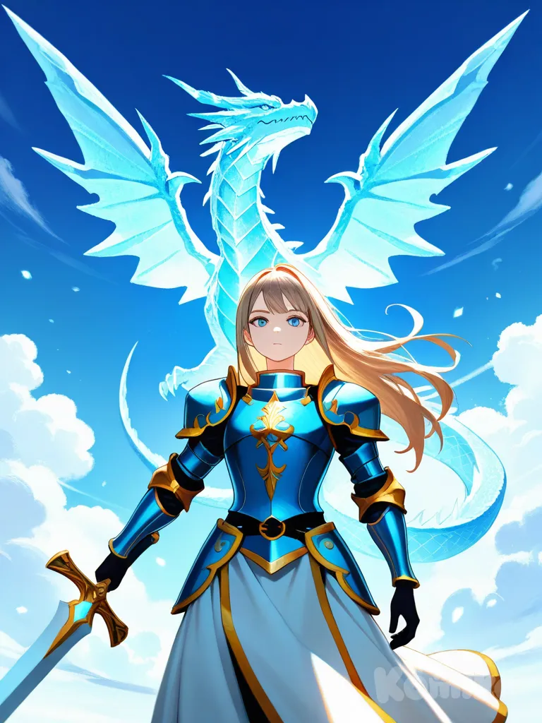 (), beautiful female knight, short light brown hair, blue eyes, wearing ornate white and blue armor with gold accents, holding a large sword with the blade facing downward, confident and heroic pose, ice dragon in the background, glowing light and mist, fantasy setting, elegant composition, dynamic lighting, background, sky and crystal effects, anime style, fantasy illustration, radiant lighting, ethereal atmosphere, high detail, soft glow, dynamic angle, dramatic perspective