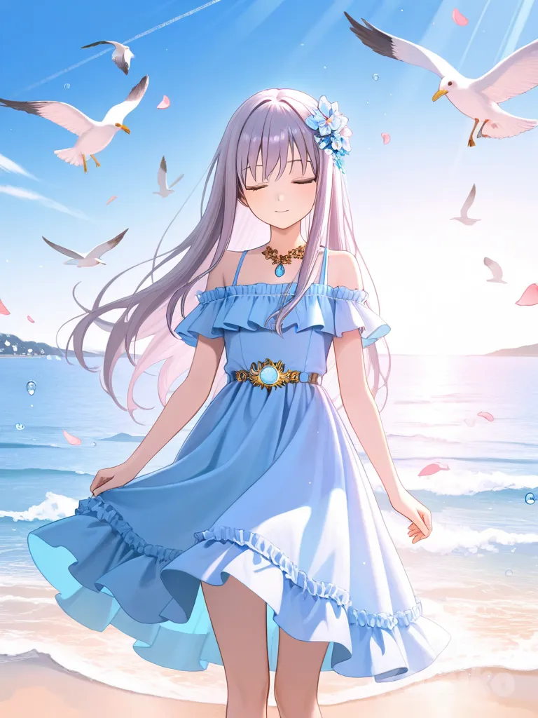 Minato Yukina, standing gracefully by the ocean under a bright blue sky, eyes closed in serenity. She wears an elegant white and blue dress with golden ornaments, frills, and jewel decorations. Colorful petals float around her with glowing light effects and water bubbles, while white seagulls fly in the sky. The scene is radiant, pure, and ethereal, filled with fantasy atmosphere