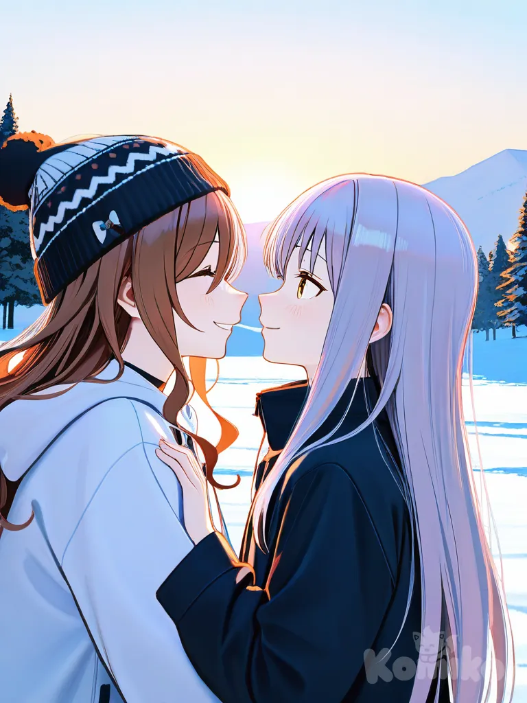 2 people, @Imai_Lisa, @Minato_Yukina, Lisa help Yukina to wearing a beanie, smile, snowy, day, upper body, side profile photo