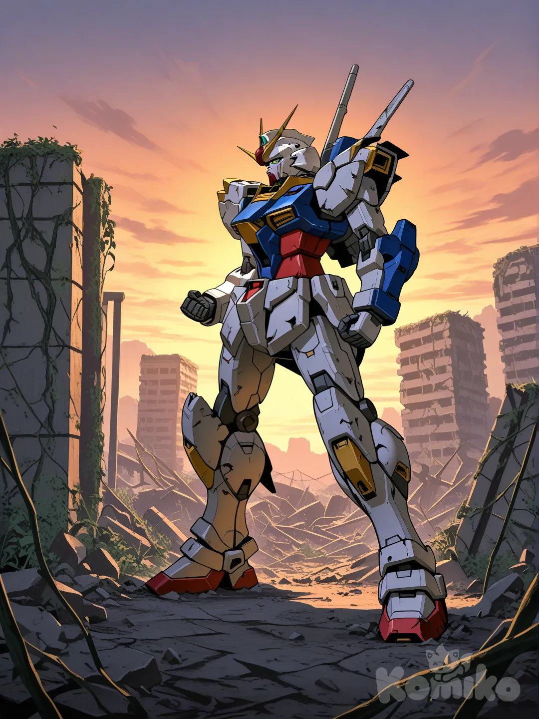 Gundam Barbatos Lupus Rex stands tall, its full body turned slightly as it looks away, surrounded by the remnants of ancient ruins. The scene captures the imposing presence of the Gundam amidst a backdrop of desolate destruction.