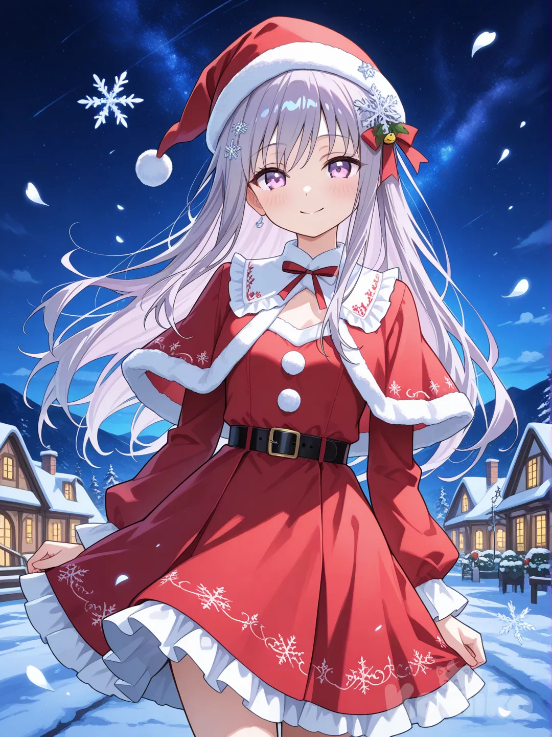 Minato yukina (Roselia), highly anime style, 1girl, long hair, smile, looking at viewer, Christmas Costume Set, outdoors, falling petals, dynamic hair, gentle wind, bright colors, fantasy atmosphere, village, snowy, night