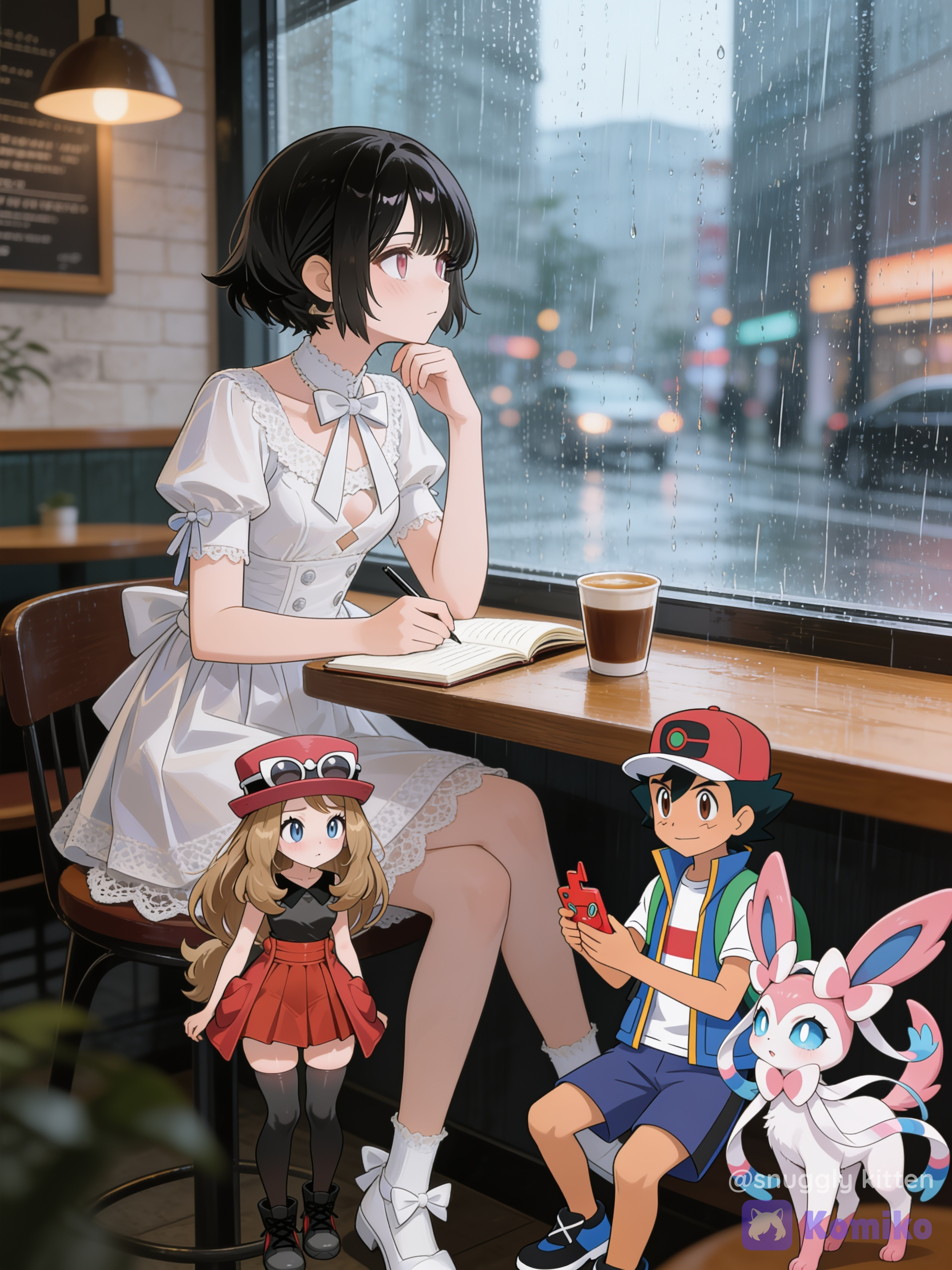 @sakura-9Ssw, [high-gloss-illustration-style]坐在咖啡店，座位靠窗，咖啡，外面下雨，写作 望向窗外。平静表情。坐在桌子前, depth of field, upper body, ethereal lighting, studio lighting, @Ash_Ketchum, @Serena_(Pokemon), @Sylveon