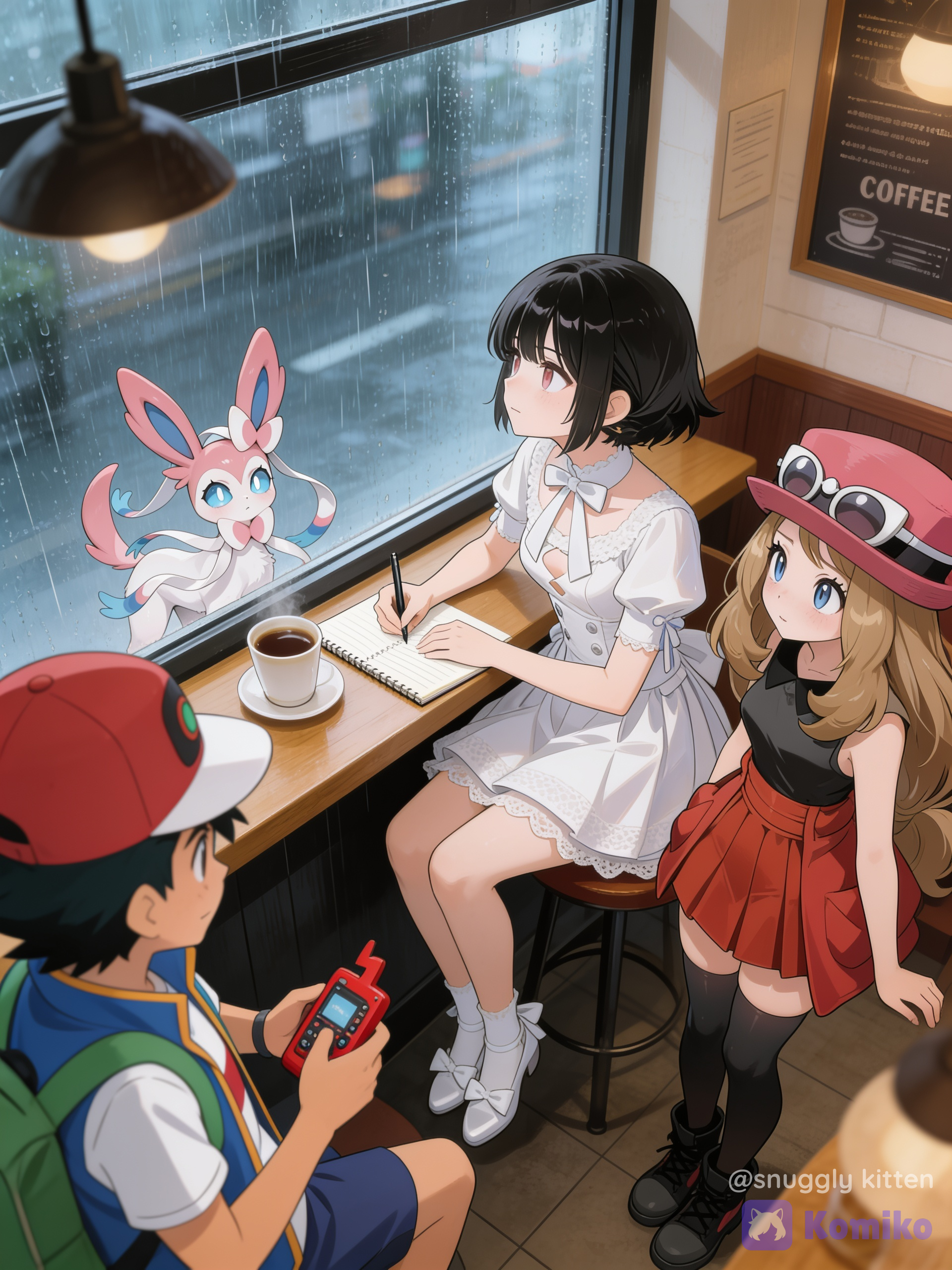 @sakura-9Ssw, [high-gloss-illustration-style]坐在咖啡店，座位靠窗，咖啡，外面下雨，写作 望向窗外。平静表情。坐在桌子前, depth of field, upper body, ethereal lighting, studio lighting, @Ash_Ketchum, @Serena_(Pokemon), @Sylveon