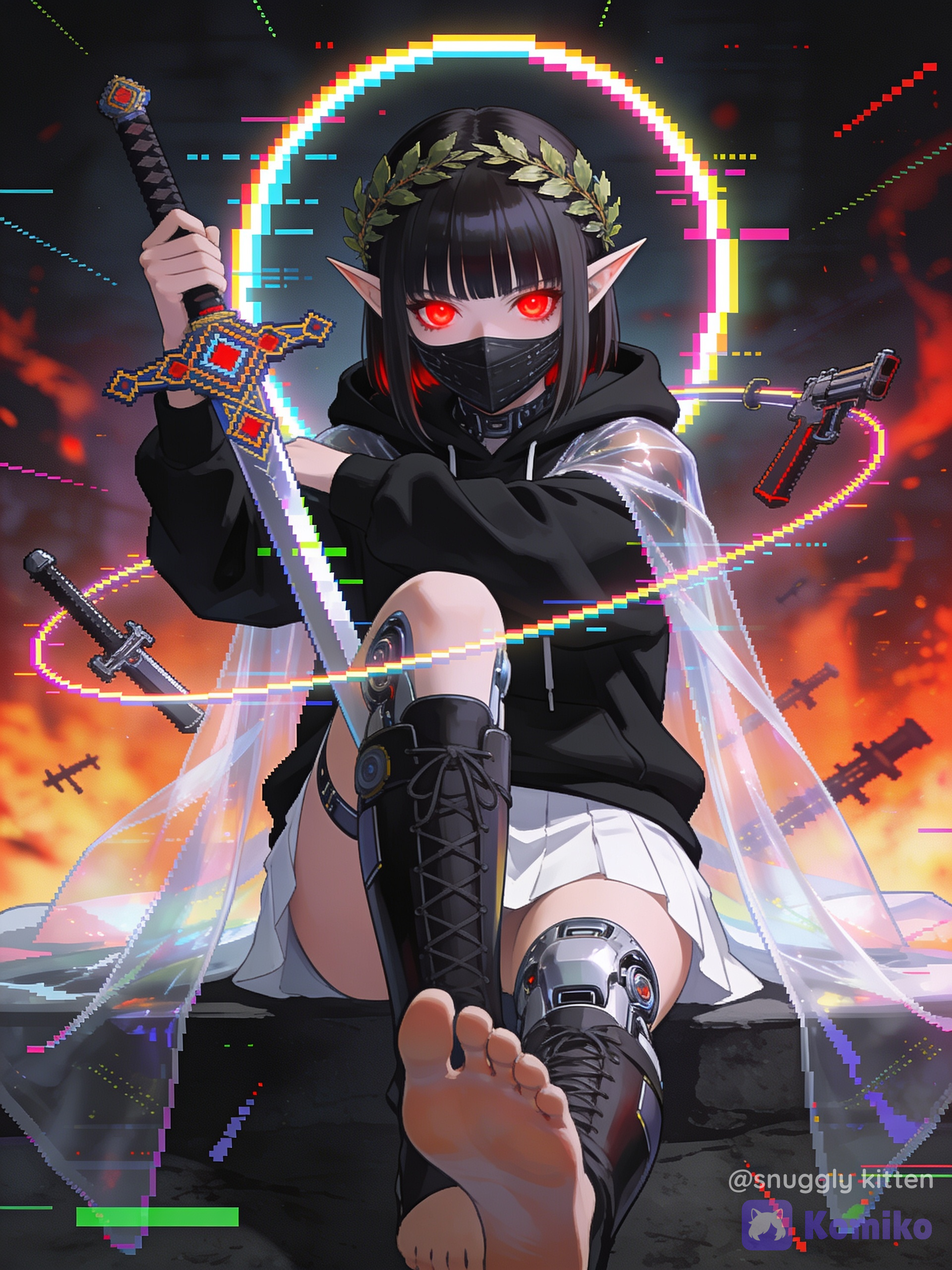 newest, very aesthetic, scenery, 8k, good anatomy, good shading, ultra refined details, high resolution, HD, masterwork, 4ur4_illu,shiny.
1girl, solo, laurel crown, white black, straight bangs, elf ears, mouth veil, oversized hoodie, Skirt, cybernetic, translucent cloak(flowing cloak:1.2), red eyes, glowing eyes, intense gaze, looking at viewer, thighboots, matrix halo, pixelate halo, floating weapon around body, sword, holding sword, intricate weapon design, geometric accents, stylish design, epic character design, dynamic pose(Close-Up), sitting, Plantar flexion, motion blur, light rays, dutch angle, depth of field, foreshortening, blurry edges, light_theme, colorful, matrix, bold, geometric, pixelate, hell background, abrstact background, background. Black clothes, @Kouzuki_Hiyori