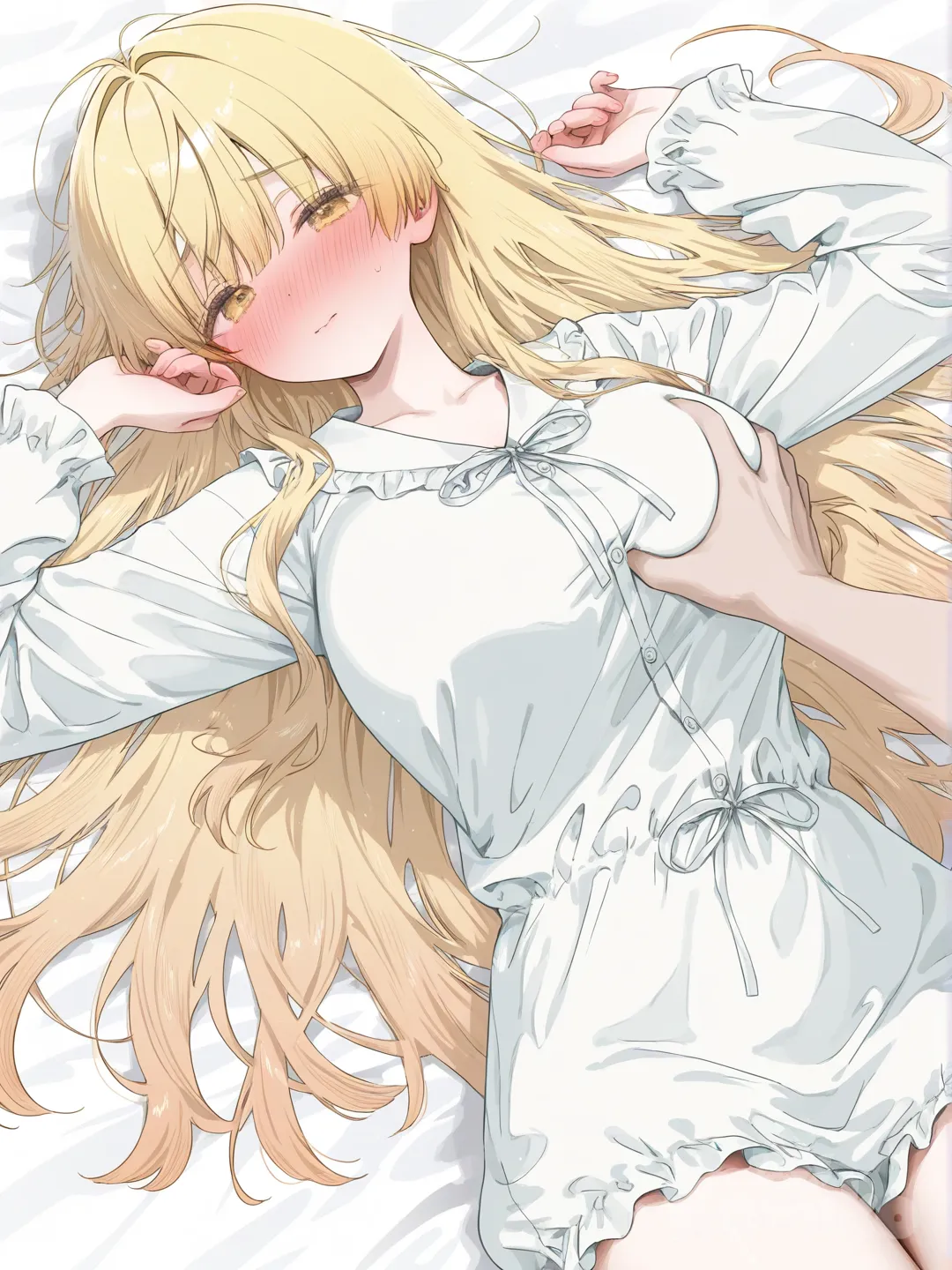 Agatsuma Zenitsu, pajamas,หน้าอกใหญ่,โดนคนบีบหน้าอก,นอนอยู่บนเตียง, ผมยาวสลวยถึงเอว,หน้าแดงแบบเขินอาย, [soft-pastel-style]