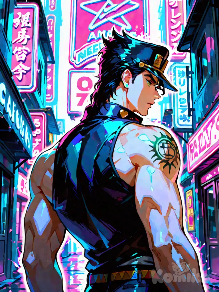 kujo jotaro, vibrant atmosphere, vibrant color, highlight, shoulder tattoo, bare shoulders,front side, neon lights, background,1man