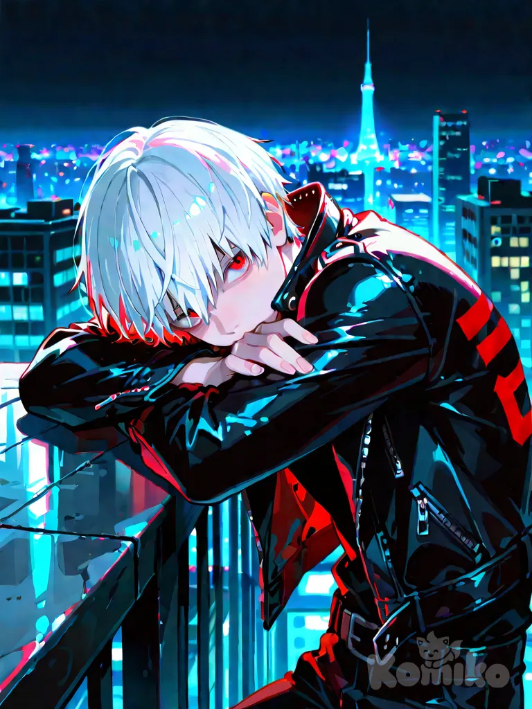 kaneki ken, vibrant atmosphere, vibrant color, highlights, leaning on object, leather jacket, night, cityscape, looking at viewer, background,1boy