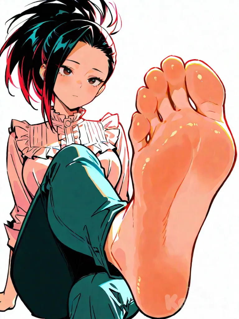yaoyorozu momo, vibrant atmosphere, vibrant color, highlights, foot focus, frilled shirt collar, frilled shirt, pants, simple background