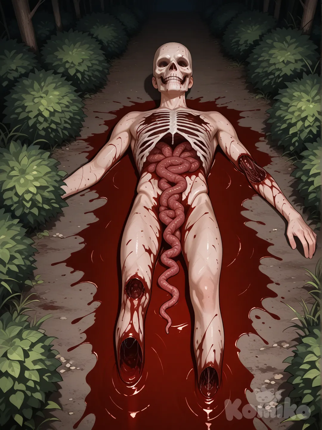 make ONE guy lying on the floor looking up, without the head and without the left leg and arm, make him lying in the middle of the mmake ONE guy lying on the ground looking up, without his head and without his left leg and arm, make him lying in the middle of the bush, on top of the bush, leave a lot of blood and a lot of guts spread out