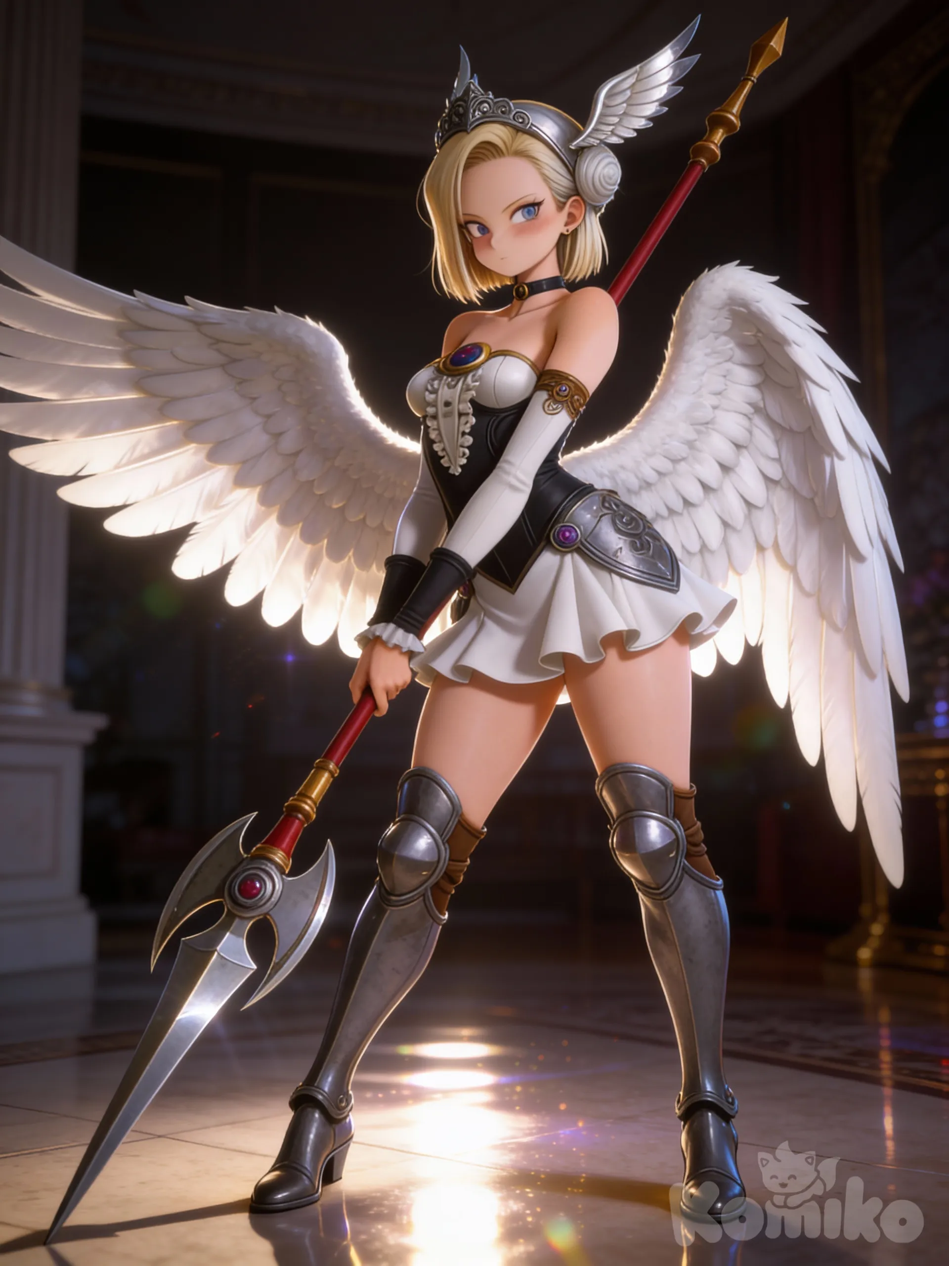[3d-anime-style], @Android_18, subjective stance, flirtation, elegant room, dim lighting, Valkyrie Winged Warrior with Spear outfit